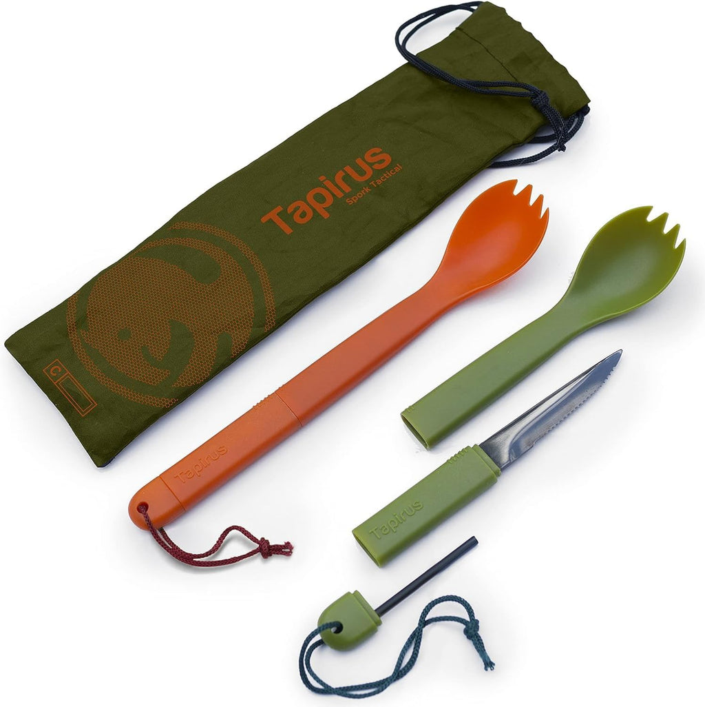 Tapirus Spork Tactical Orange | BPA Free Spoon Fork, Stainless Steel Knife and Fire Starter | 3 in 1 multipurpose utensil | Outdoor hiking, camping & backpacking gear | Fit for MRE