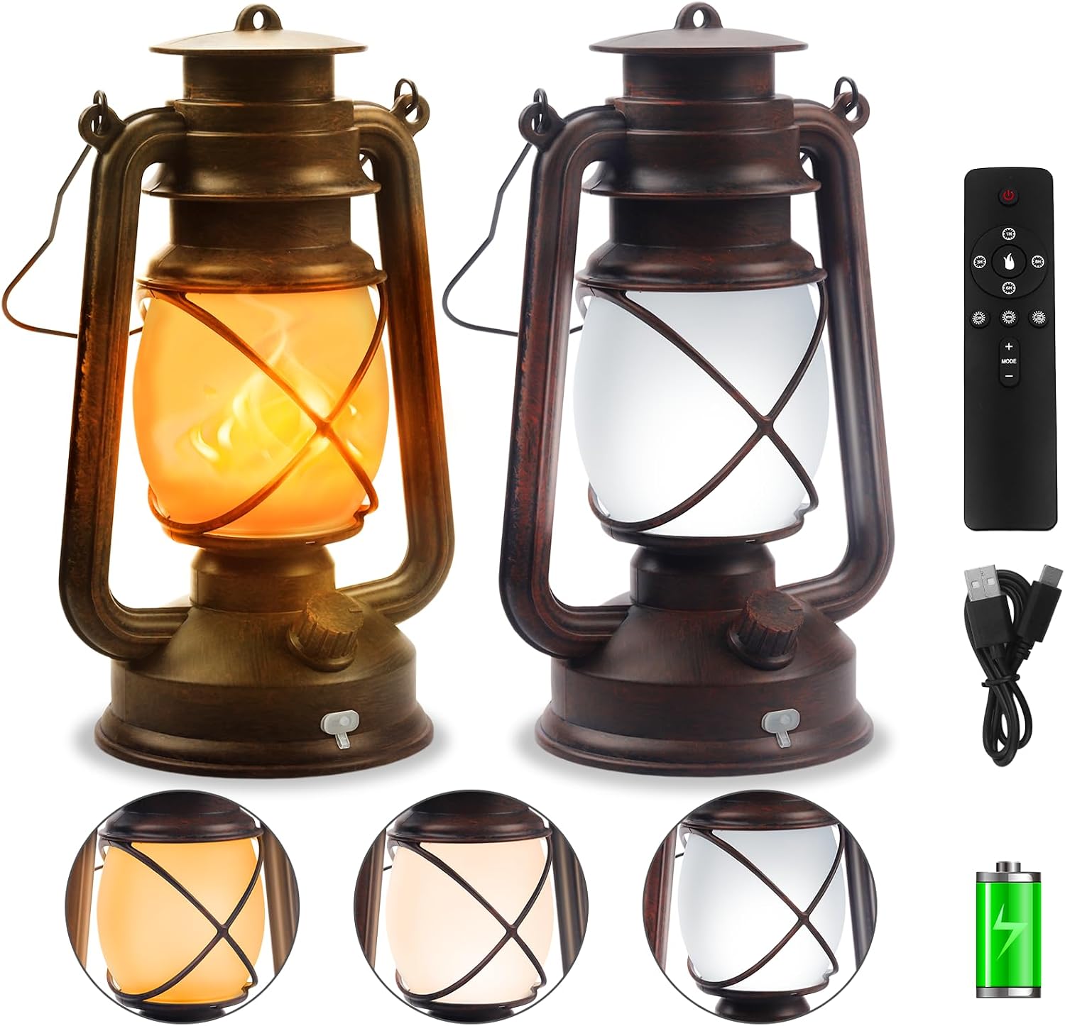 2 Pack Bronze Vintage 4 Modes Rechargeable Lanterns with Remote Control