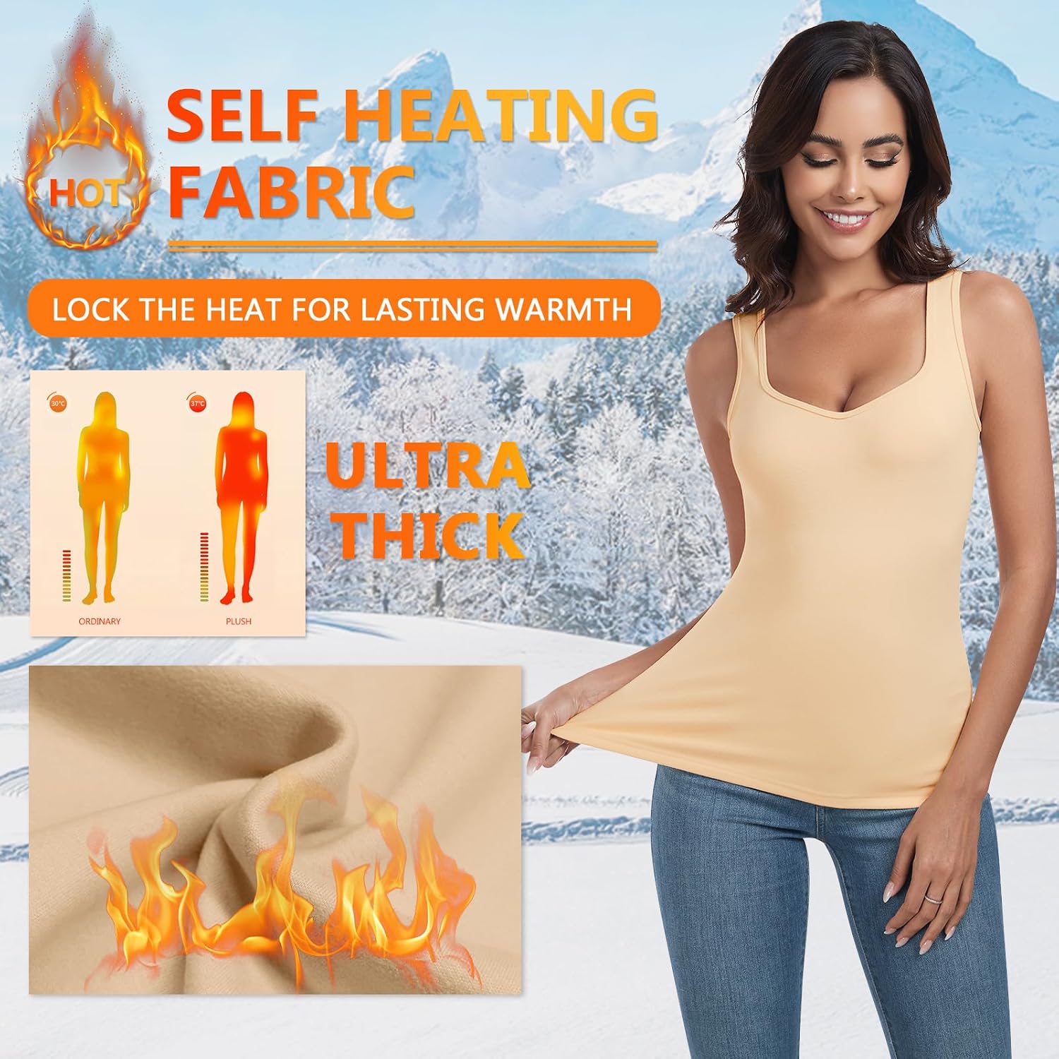 WOWENY Thermal Fleece Tank Top for Women V Neck Sleeveless Shirts Camisole Warm Base Layer Cami Vest Underwear Tops