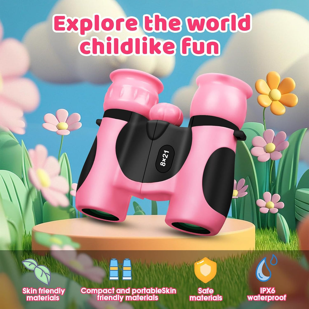 BLACKICE Binoculars for Kids, High-Resolution 8x21, Kids Binoculars Gift Set for Boys & Girls, Shockproof & Compact for Bird Watching, Travel, Hiking, Camping, Hunting, Children Outdoor Gear (Pink)