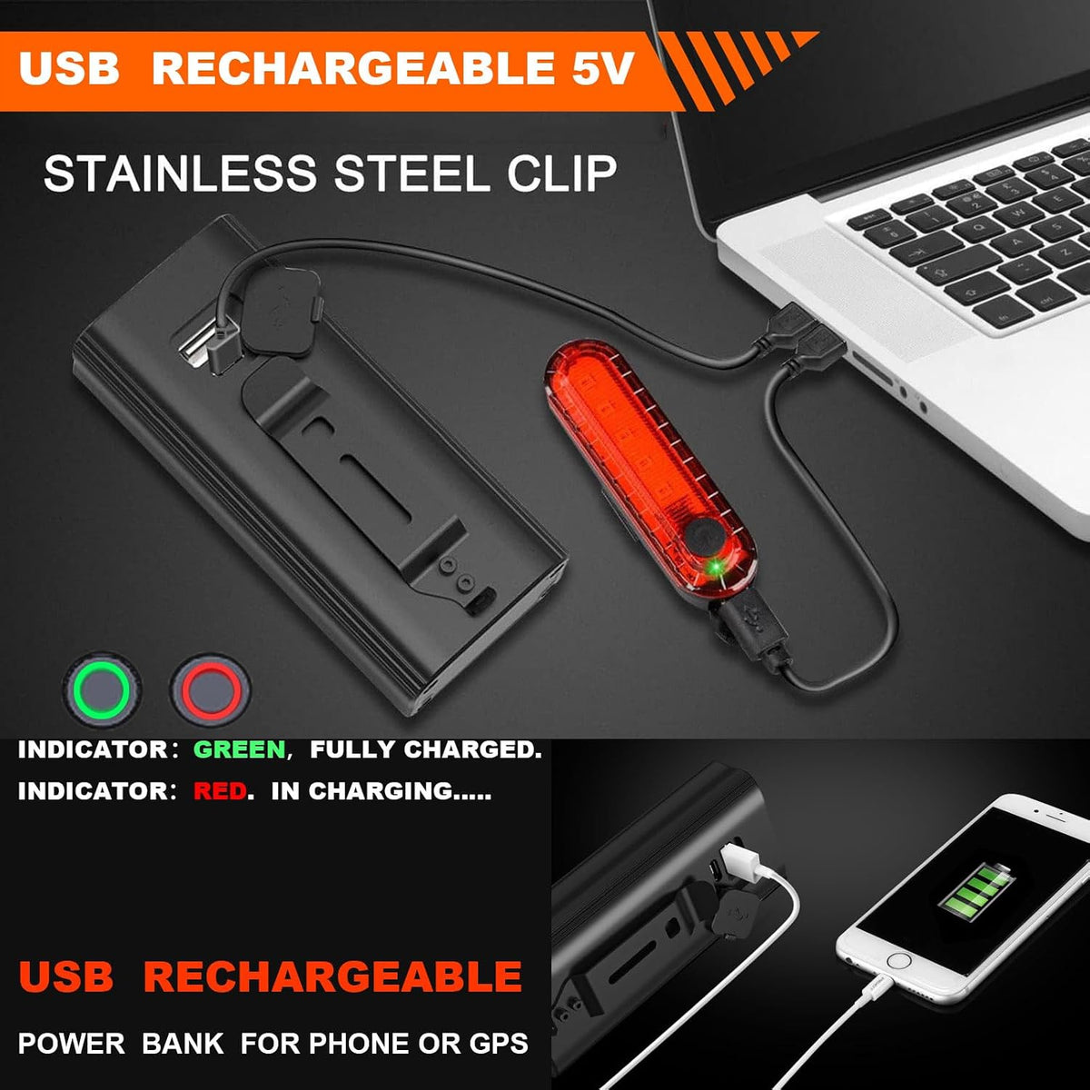 Bike Lights for Night Riding USB Bike Light Set, Bicycle Front Headlight and Back Taillight, 3/5 Light Modes,for Road Cycling
