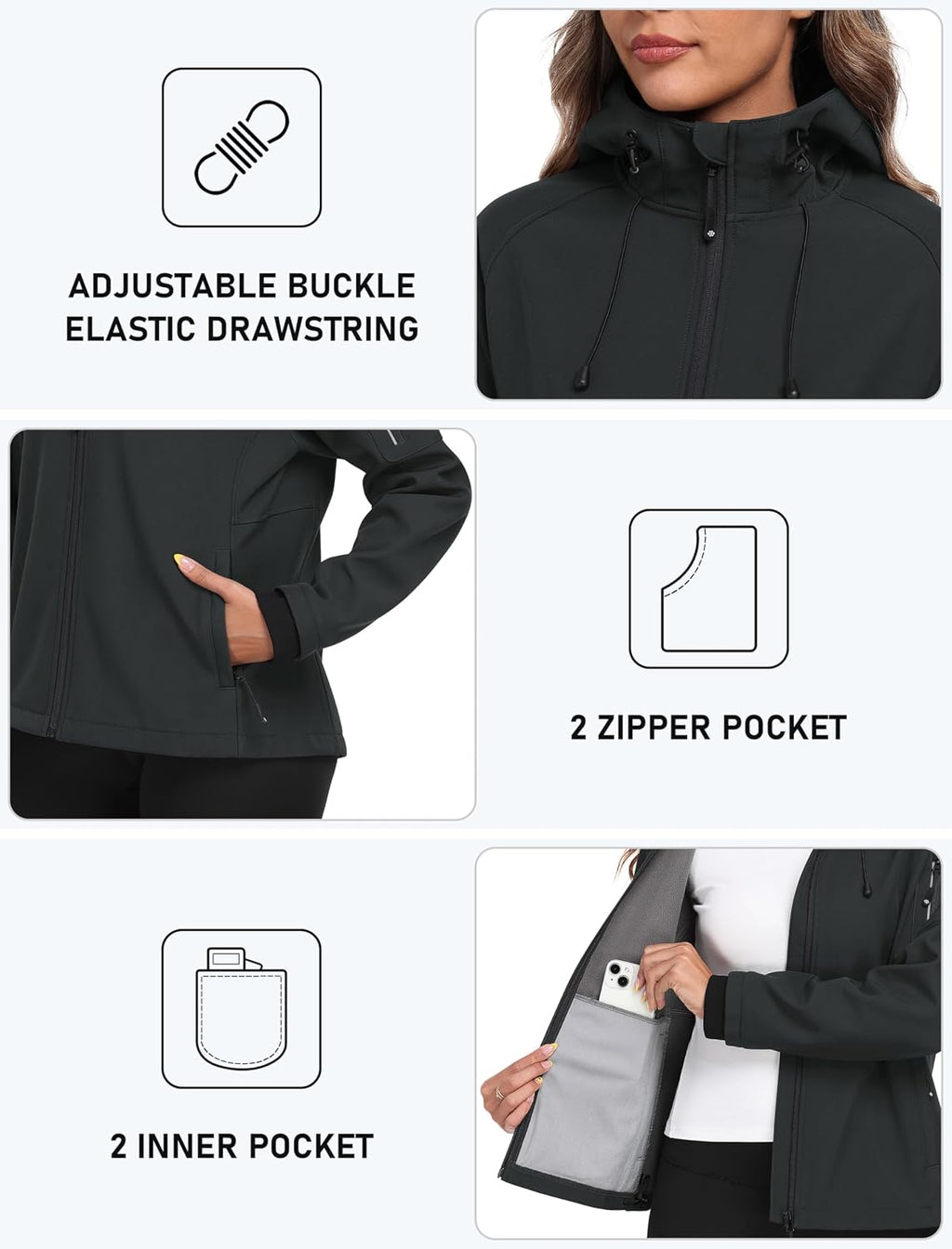 MoFiz Women's Softshell Jacket Waterproof Hooded Fleece Lined Rain Coat