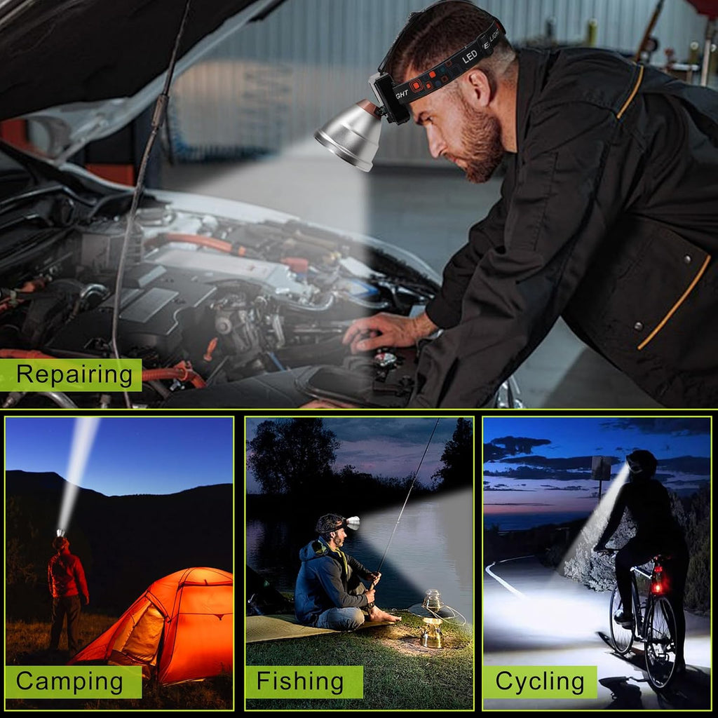 Rechargeable LED Headlamp with Flood and Spot Beam, Power Display, 4 Lighting Modes, Yellow/Blue Filter Lens, High Lumen Outdoor Waterproof Head Torch for Fishing, Hunting, Hiking, Outdoor Activities