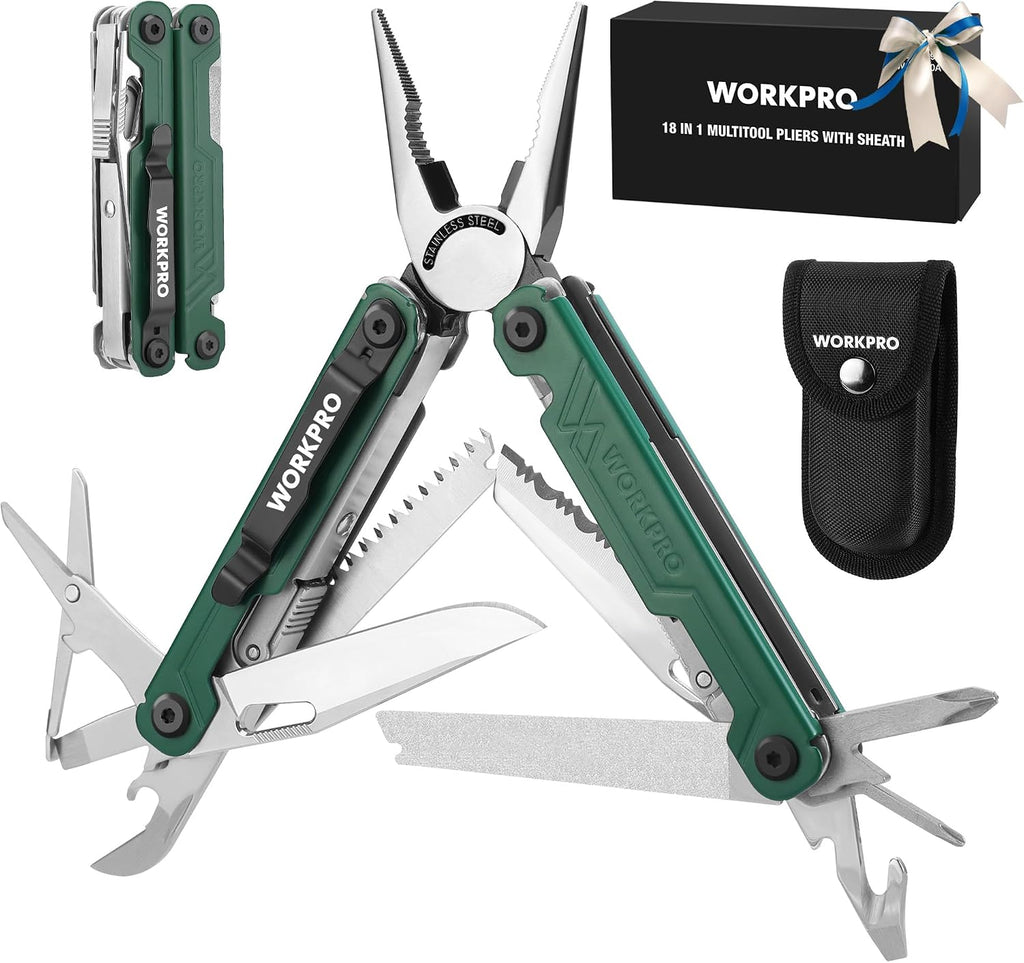 WORKPRO 18-in-1 Multi Tool Pliers Pocket Knife, 2 Safety Locks, EDC, Red | Gifts for Men Dad Women Wife, Stainless Steel Multitool, Belt Clip and Oxford Pouch, Utility Tool for Camping