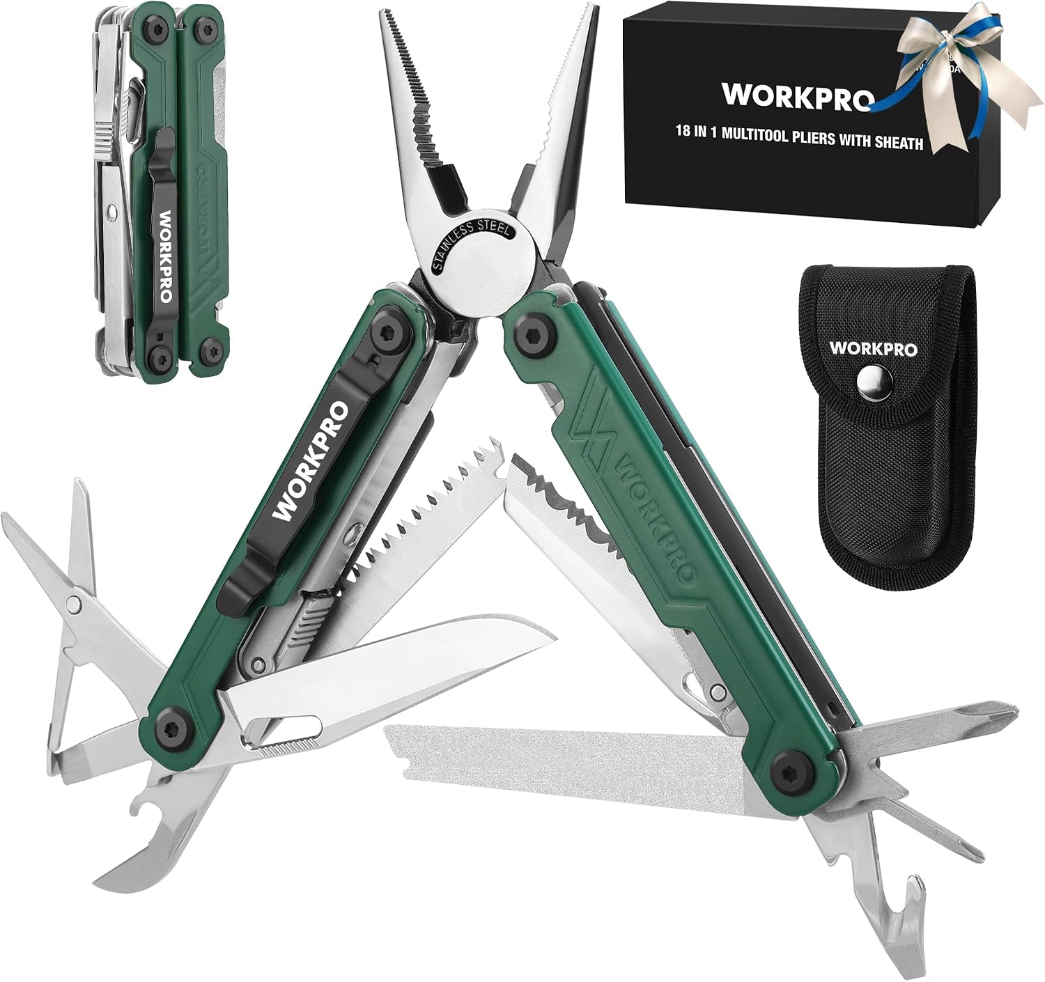WORKPRO 18-in-1 Multi Tool Pliers Pocket Knife, 2 Safety Locks, EDC, Red | Gifts for Men Dad Women Wife, Stainless Steel Multitool, Belt Clip and Oxford Pouch, Utility Tool for Camping