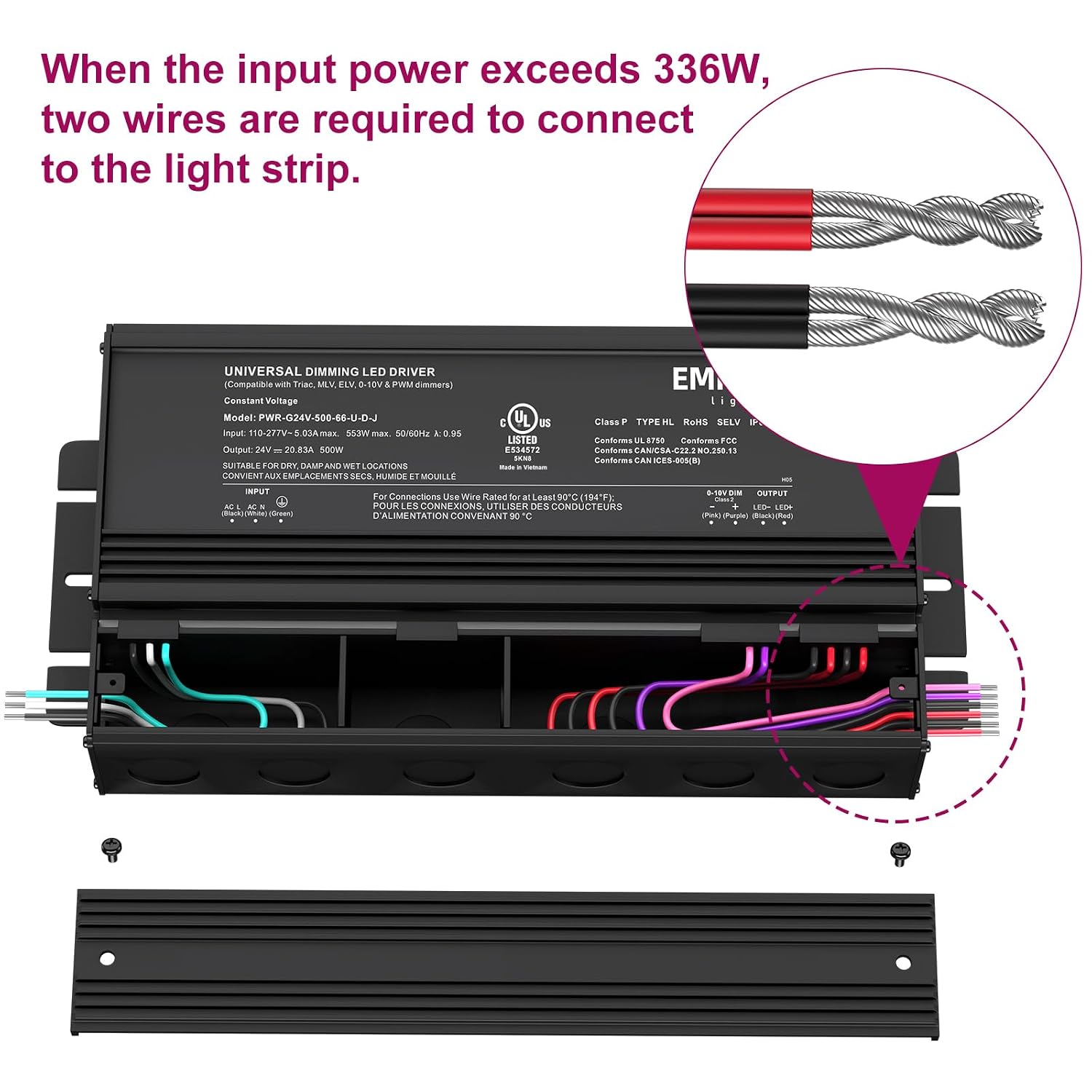 EMITEVER 500W 24V 5-in-1 Dimmable LED Driver,AC 110-277V to DC Transformer