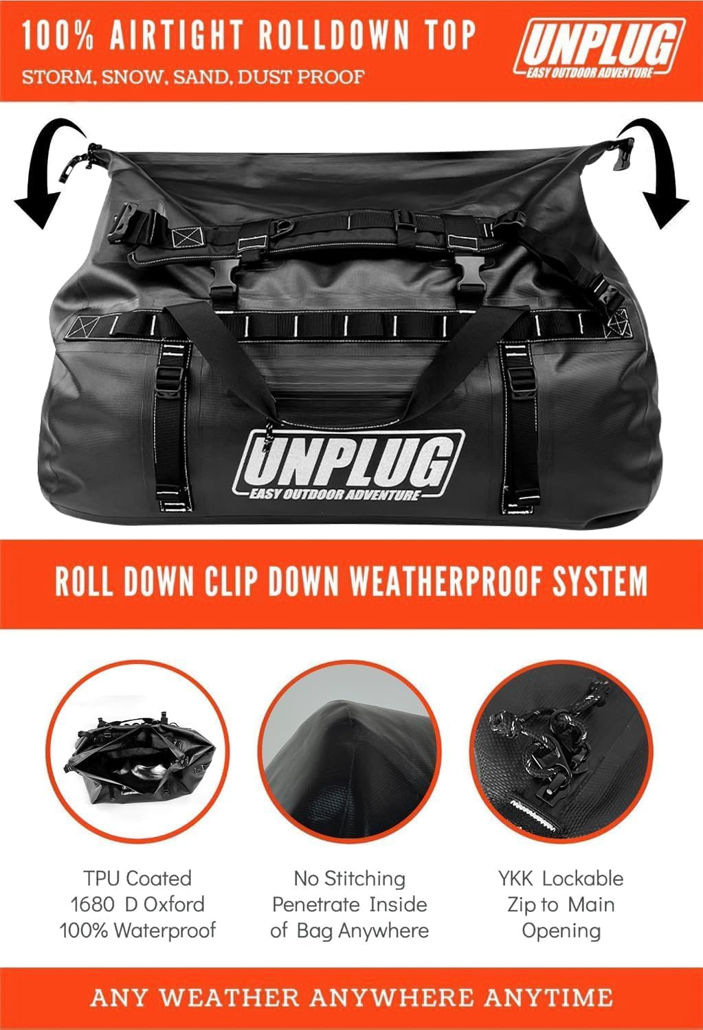 UNPLUG Ultimate Adventure | 1680D Heavy Duty Waterproof Bag | Large Travel Bag which can be Used for Camping, Motorcycling, Boating, or Hunting| 65L BLACKOPS