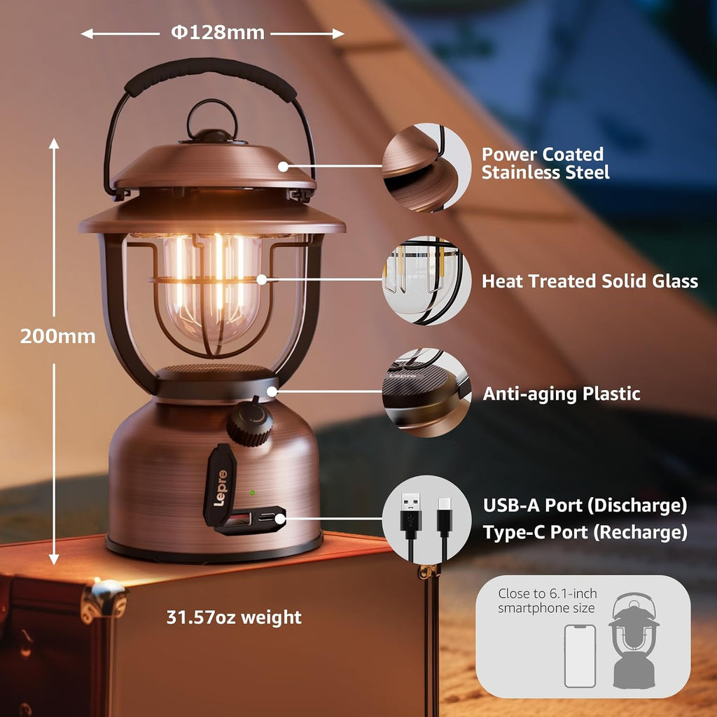 Lepro Vintage LED Camping Lantern Rechargeable - 15000mAh, 1000LM Stepless Dimming, Dual Color Temp 2500K & 5000K, IPX4 Waterproof Retro Railroad Lantern for Camping, Home Decor & Emergency