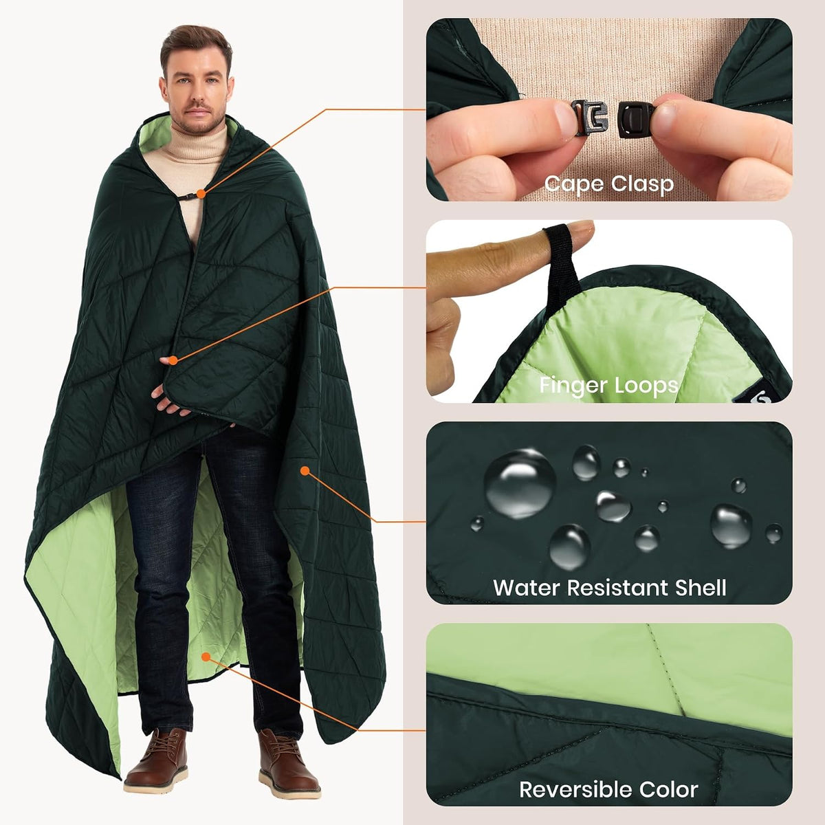 Outdoor Puffy Blanket, Reversible Warm Camping Blanket, Water-Resistant, Packable, Lightweight, Camping Quilt, for Stadium, Backpacking, Hammock, Picnic. 79"x55". Teal Green.