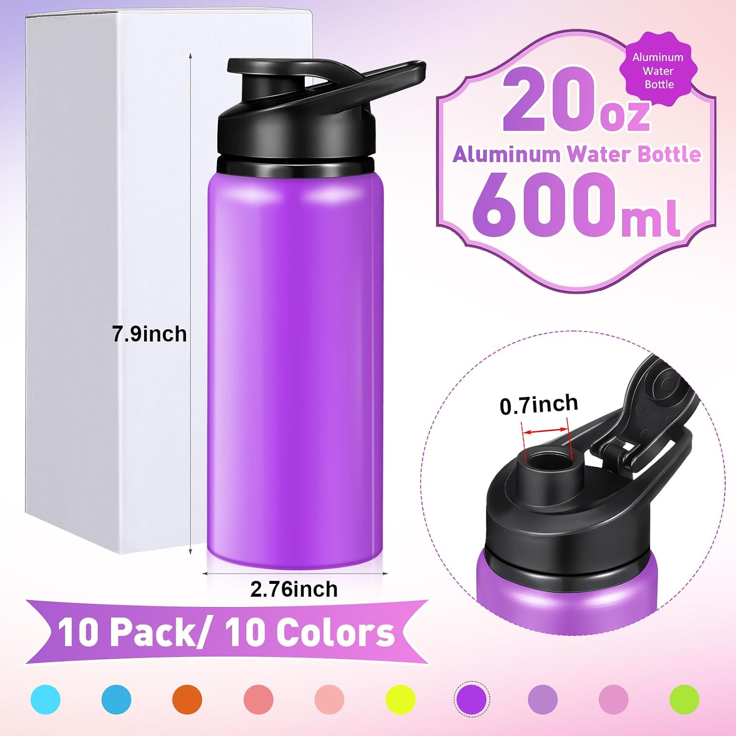 Mimorou 10 Pcs 20oz Aluminum Water Bottles Bulk, Macaron Color
