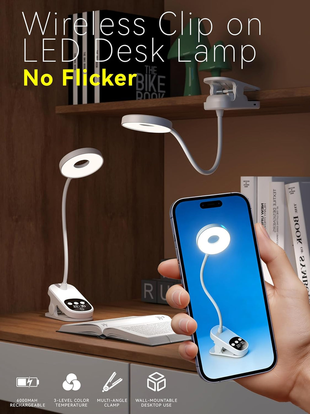 Clip On Desk Lamp Wireless 6000mAh Rechargeable LED Reading Light 3 Colors