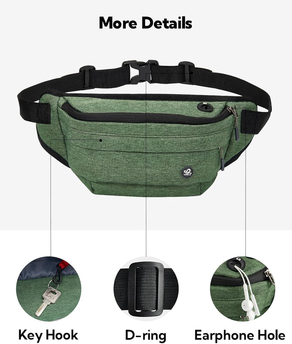 WATERFLY Fanny Pack for Men Women Water Resistant Large Hiking Waist Bag Pack Carrying All Phones for Running Walking Traveling (Green), (ONJ05)