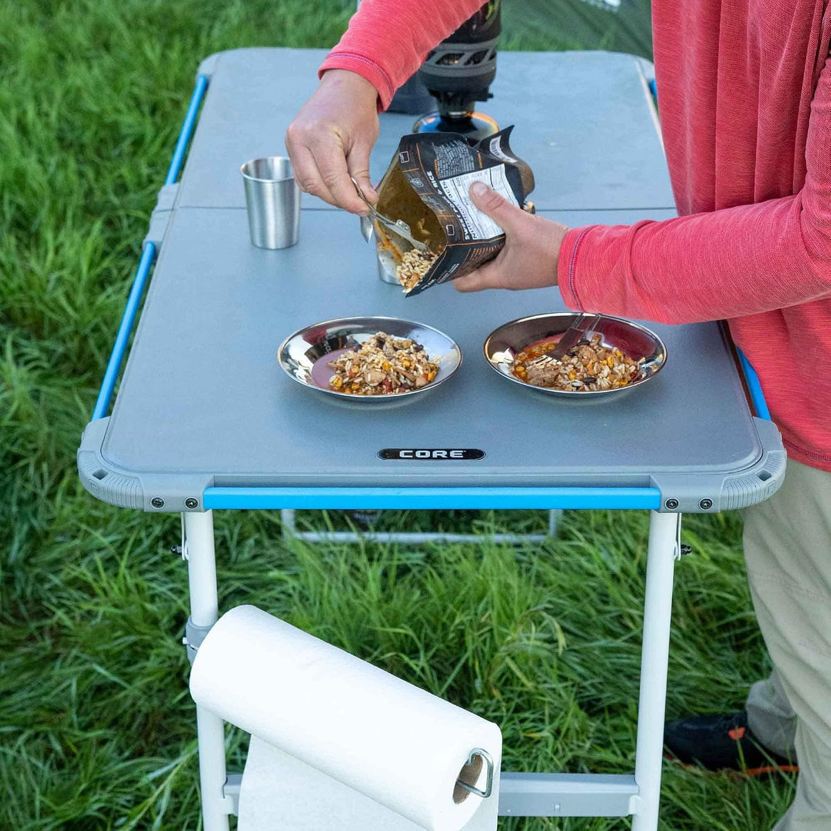 CORE Outdoor Camp Table | 4 Foot Table with Adjustable Height and Storage for Camping Accessories | Foldable & Portable for Beach, Picnic, Backyards, BBQ, Tailgate, Patio and Party