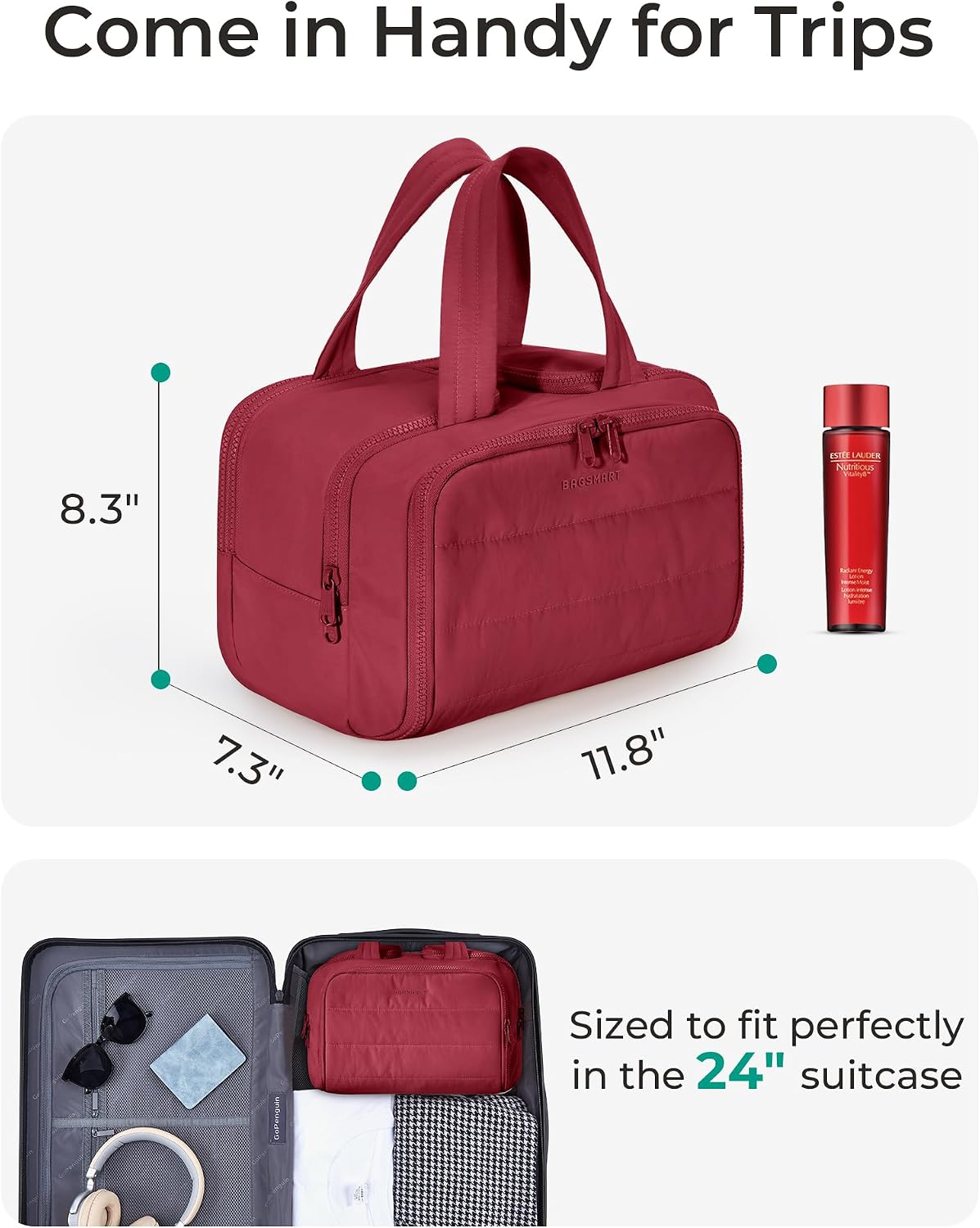 BAGSMART Travel Toiletry Bag, Puffy Toiletry Bag for Women, Wide-open toiletry bags for traveling, Large Travel Cosmetic Makeup Bag Organizer for Accessories,Toiletrie (Vintage Berry)