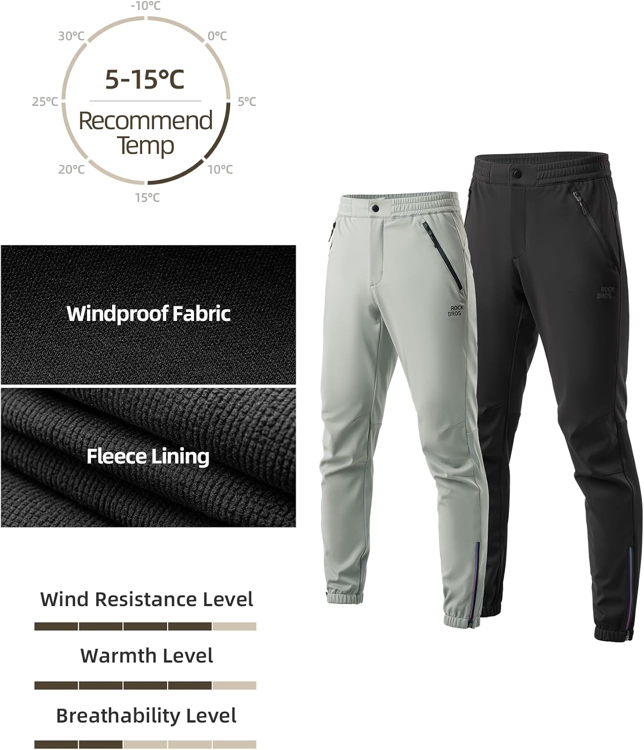 ROCKBROS Winter Cycling Pants for Men Thermal Fleece Lined Mountain Bike Pants Universal Fit Cycling Pants for Cold Weather
