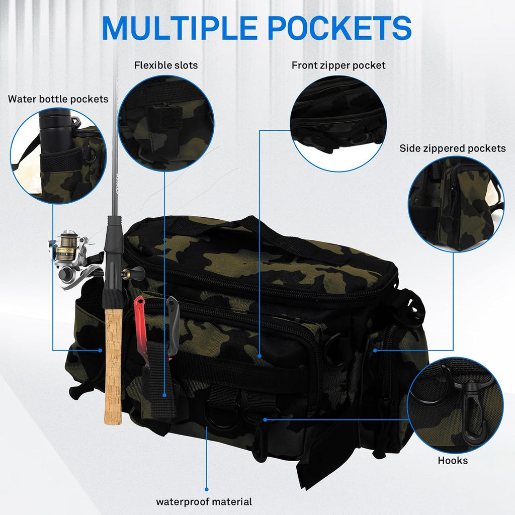 Fishing Waist Bag with Adjustable Belt/Shoulder Strap, Waterproof Tackle Storage Bag, Fishing Fanny Pack for Men, Shoulder Bag, Lures Organizer Pouch, Travel Pack for Running Hiking Outdoor