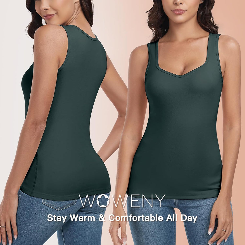 WOWENY Thermal Fleece Tank Top for Women V Neck Sleeveless Shirts Camisole Warm Base Layer Cami Vest Underwear Tops