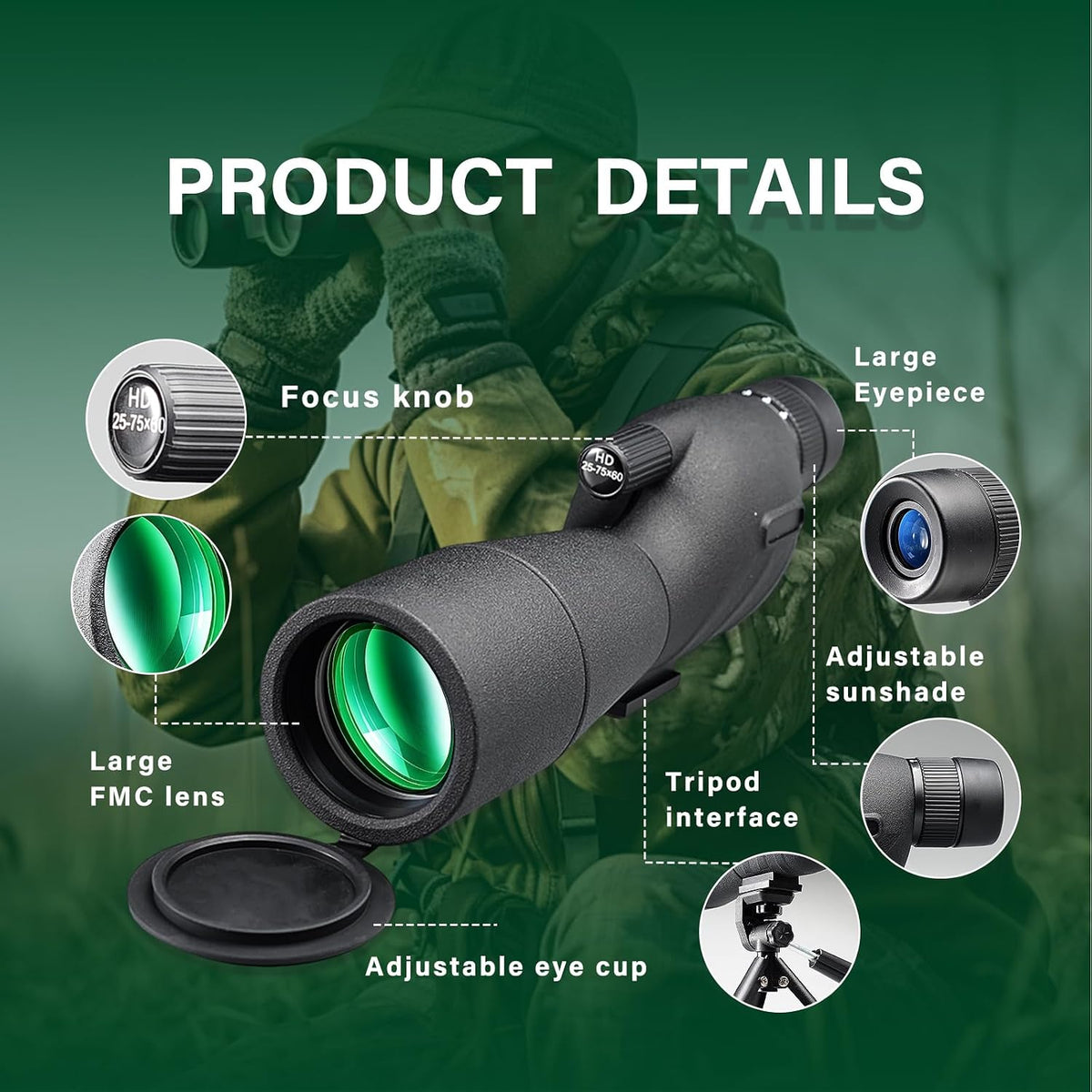 M.A.K Angled 20-75x60 Zoom HD Spotting Scopes with Tripod Phone Adapter