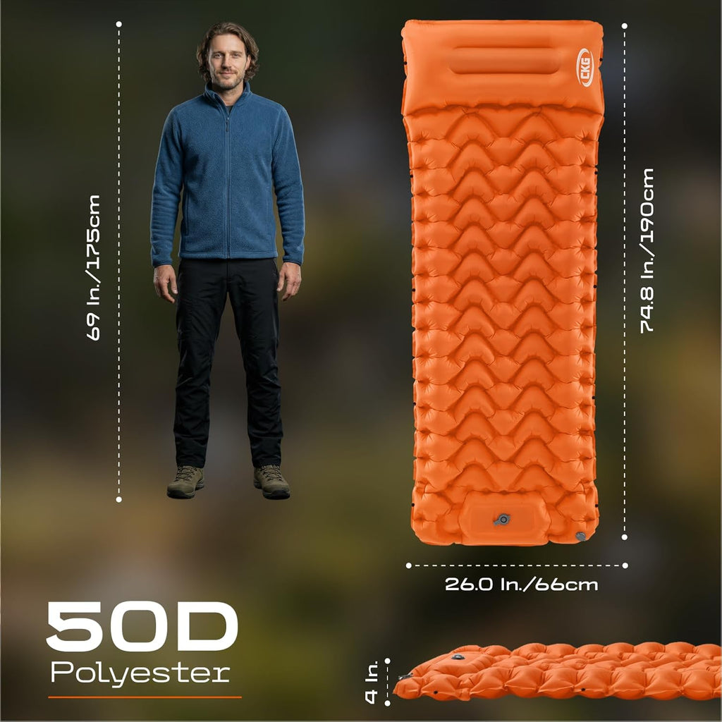 CKG Camping Sleeping Pad with Thermal Barrier, Ultralight Camping Mat 4in Thick with Pillow, Built-in Foot Pump Self Inflating Sleeping Pad for Hiking Tent Road Trip Car Camp Travel Gear, Orange