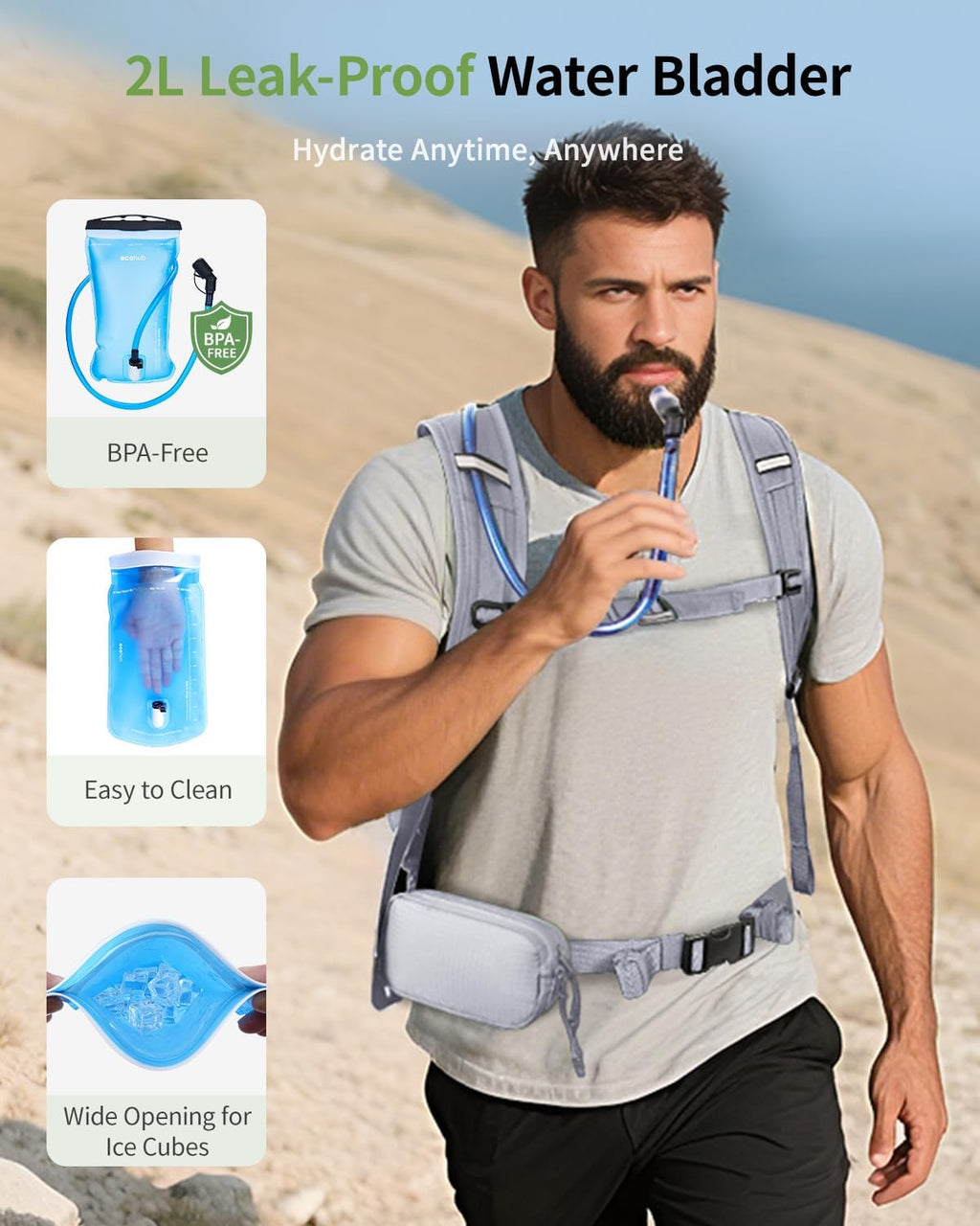 ECOHUB 20L Lightweight Hydration Backpack with 2L Water Bladder&Waist Pack