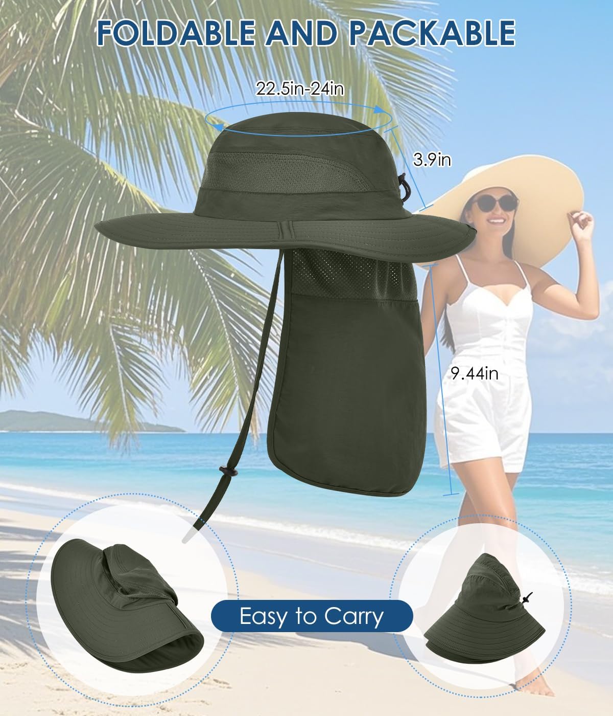 Men&Women Foldable Outdoor Sun Hat with Packable Neck Flap, UV Sun Protection Wide Brim Safari Cap