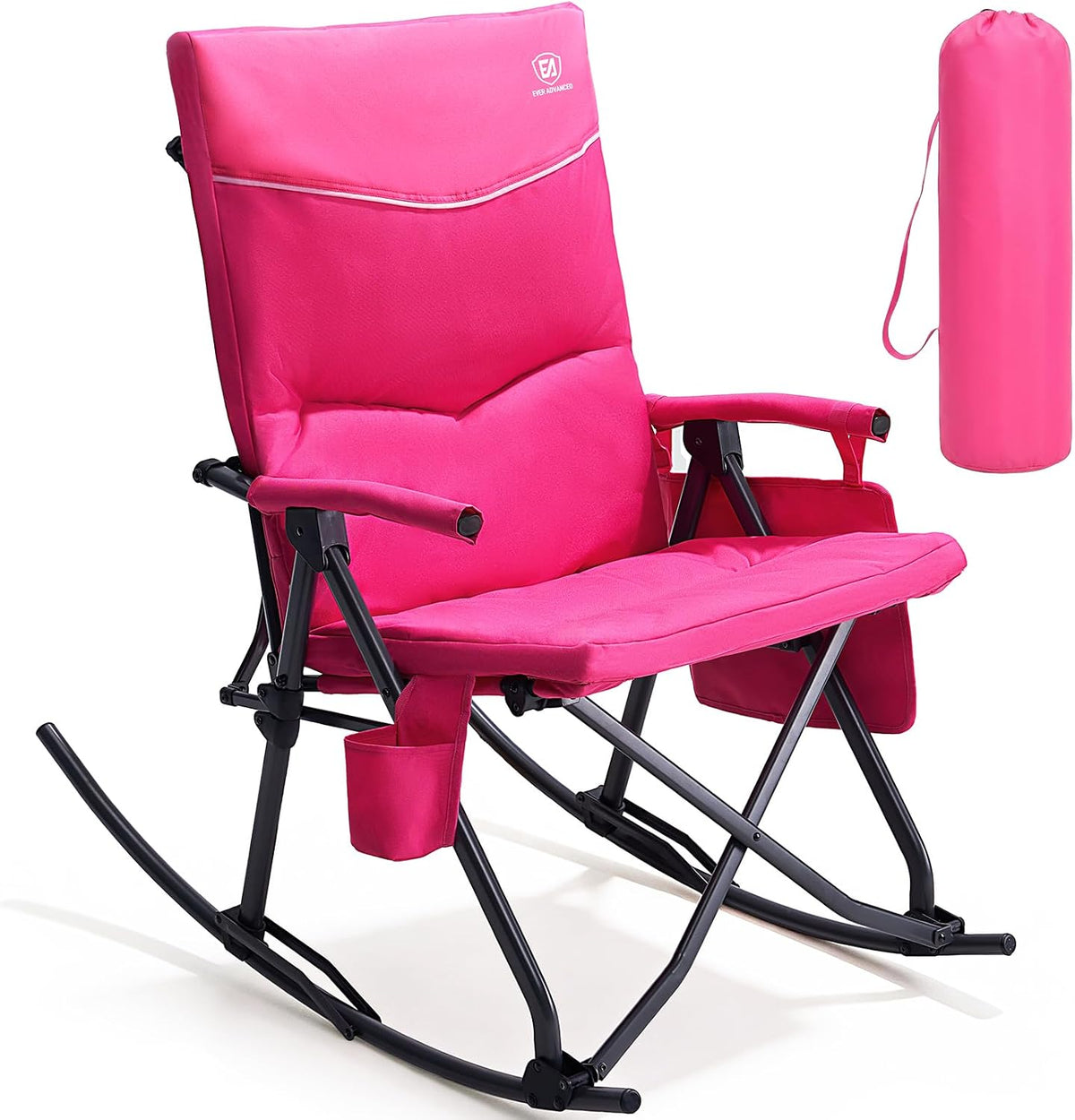 EVER ADVANCED Oversized Folding Rocking Camping Chair, Padded Portable Rocker Chair for Patio, Lawn and Outdoors, Heavy Duty Hard Armchair for Adults Supports 400lbs, Pink