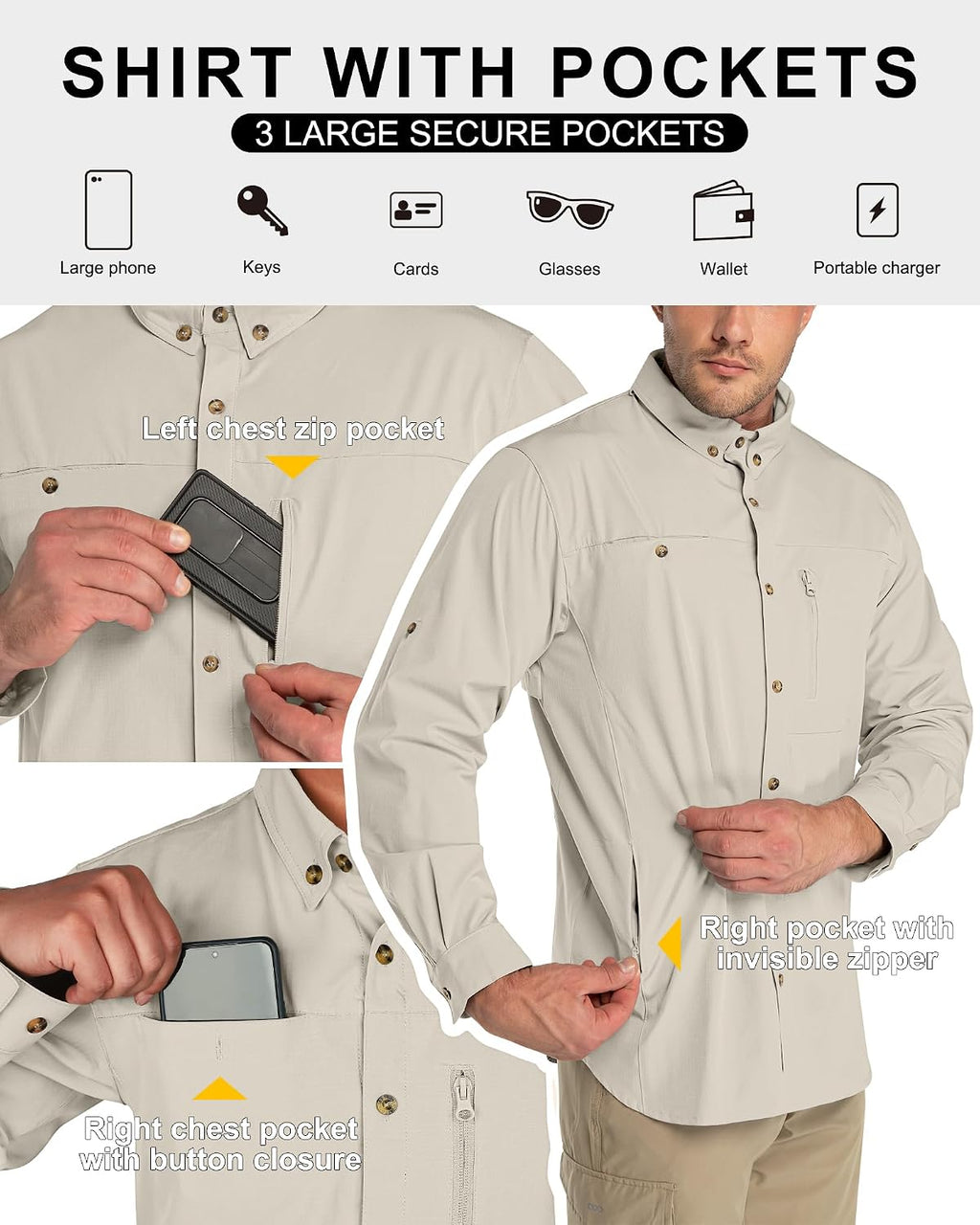 33,000ft Men's UPF 50+ UV Protection Long Sleeve Hiking Shirts Breathable Quick Dry Fishing Shirts for Safari, Outdoor