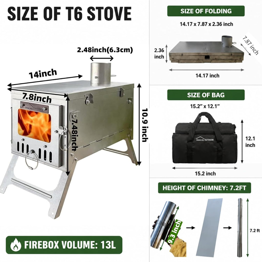 DANCHEL OUTDOOR T6 Ultralight Titanium Wood Stove with 7.2ft Chimney Pipe