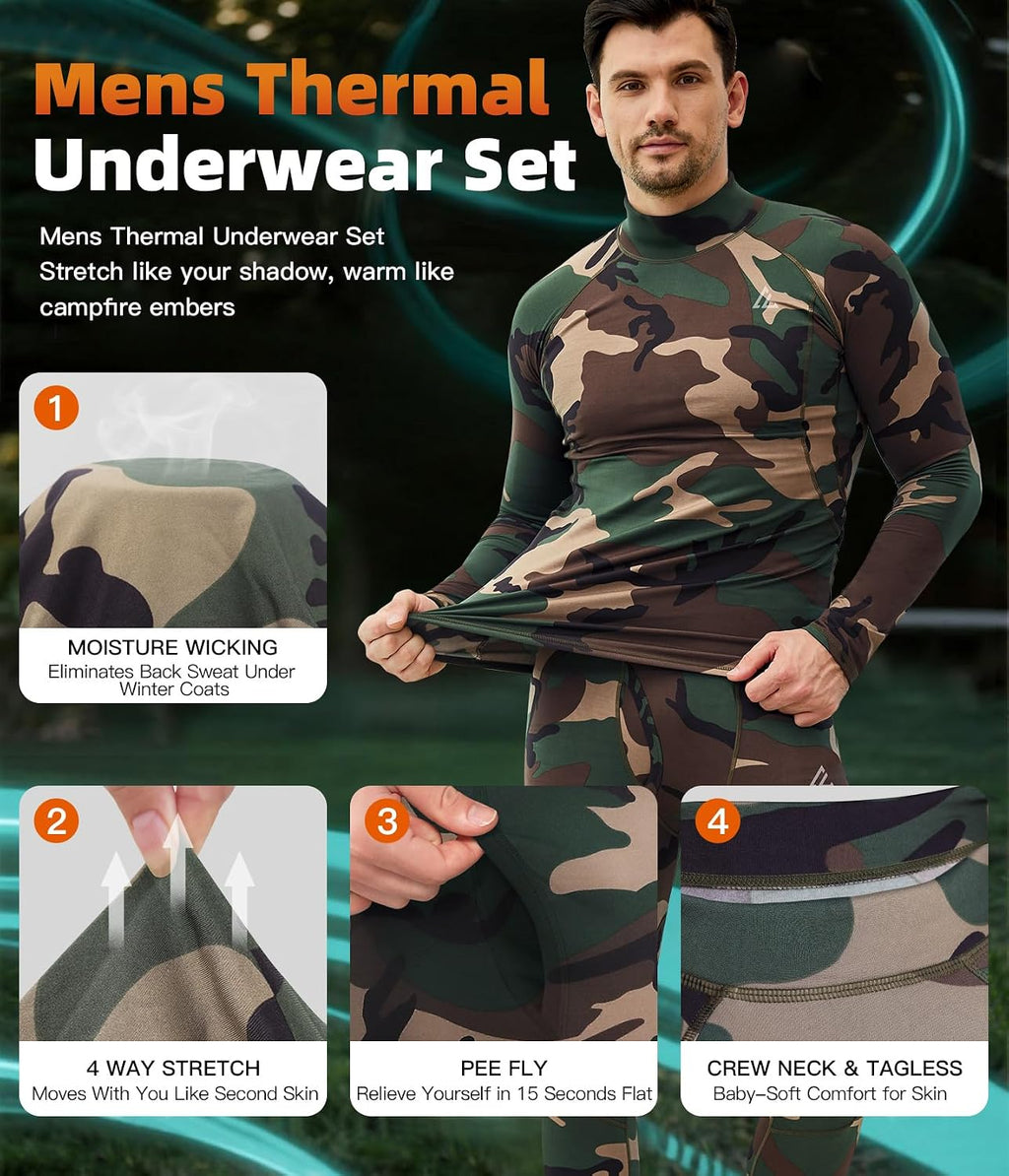 Mens Thermal Underwear Long Johns Set Cold Weather Hunting Base Layer