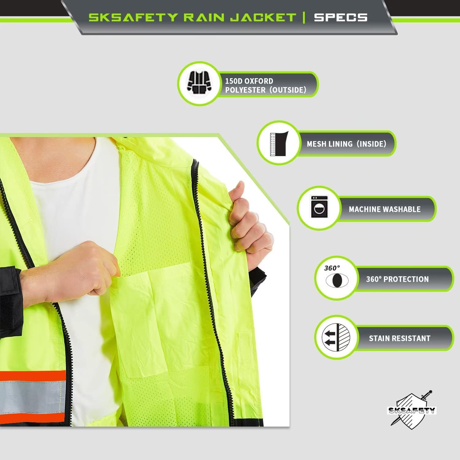 SKSAFETY Hi Vis Safety Rain Jacket for Men, Construction Work Rain Gear Heavy Duty Class 3 Rain Coat Waterproof Lightweight