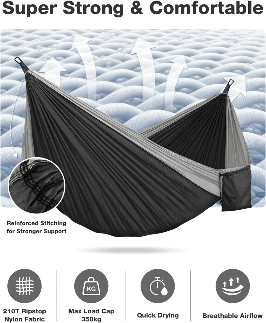 MOSFiATA Camping Hammock, Heavy Duty up to 700lbs with 2 Tree Straps and Attached Carry Bag Portable Hammock for Backpacking Hiking Durable Outdoors（Black Grey）