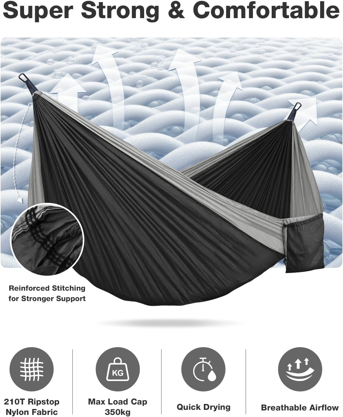MOSFiATA Camping Hammock, Heavy Duty up to 700lbs with 2 Tree Straps and Attached Carry Bag Portable Hammock for Backpacking Hiking Durable Outdoors（Black Grey）