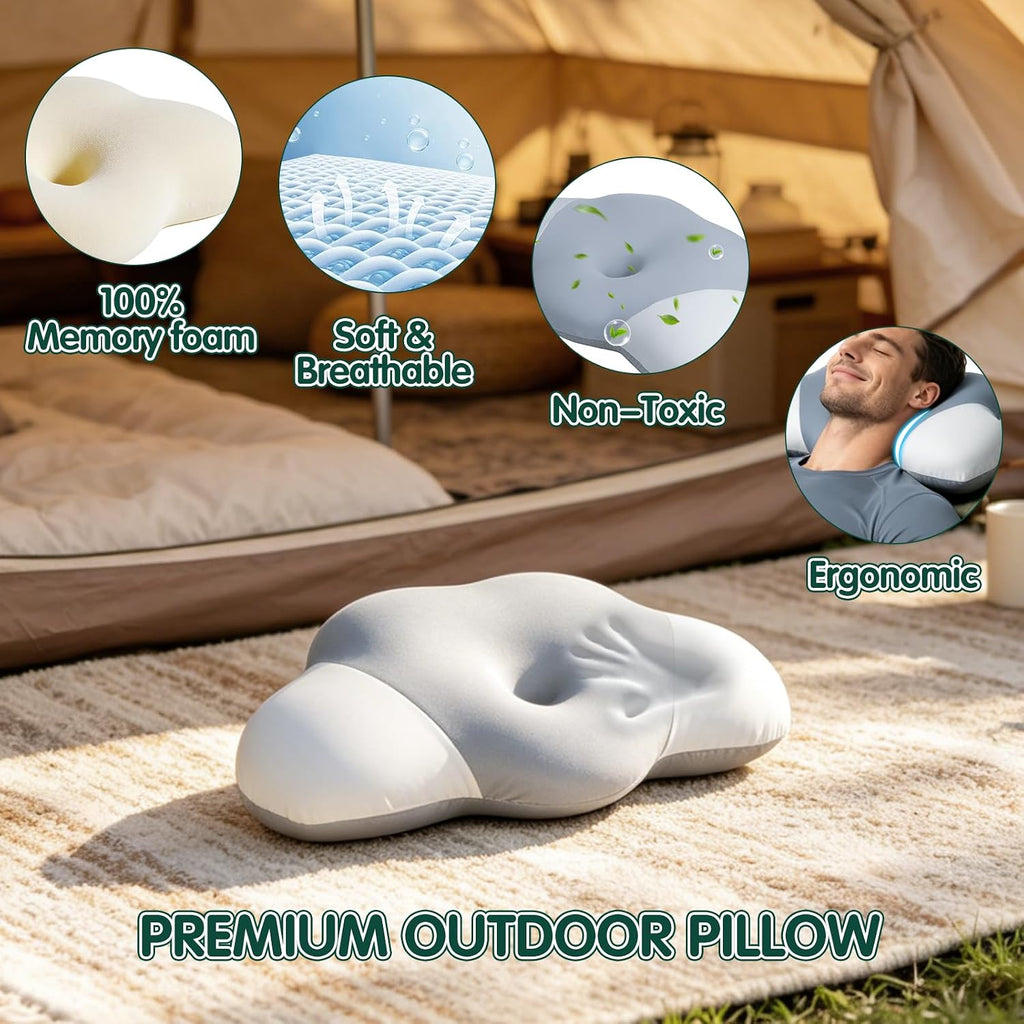SAHEYER Memory Foam Camping Pillow, Upgraded Lengthened Travel Pillows for Sleeping, Cervical Neck Support Camping Gear Accessories - Small Pillow Travel Essentials for Sleep, Backpack, Hammock, Grey