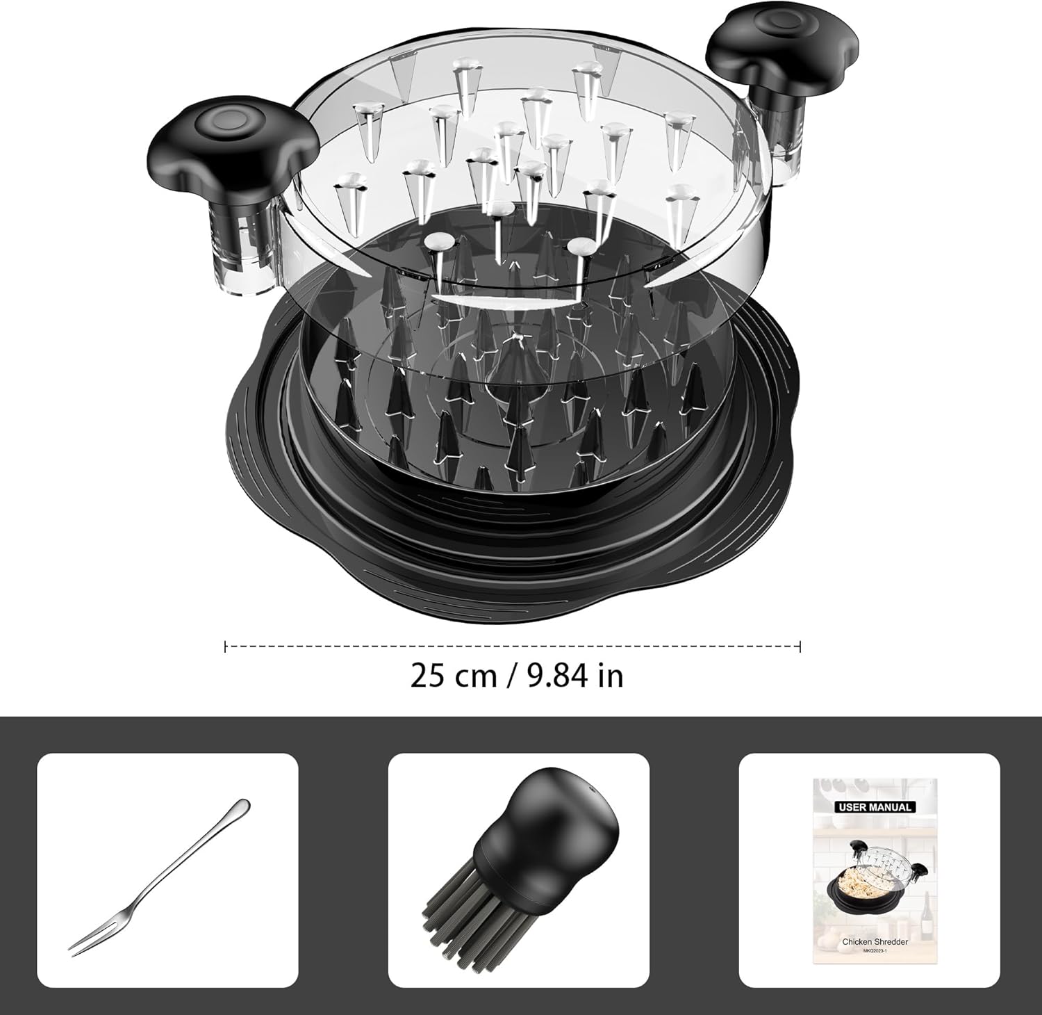 Chicken Shredder Tool Twist Large Meat Shredder with Brush&Fork, Black