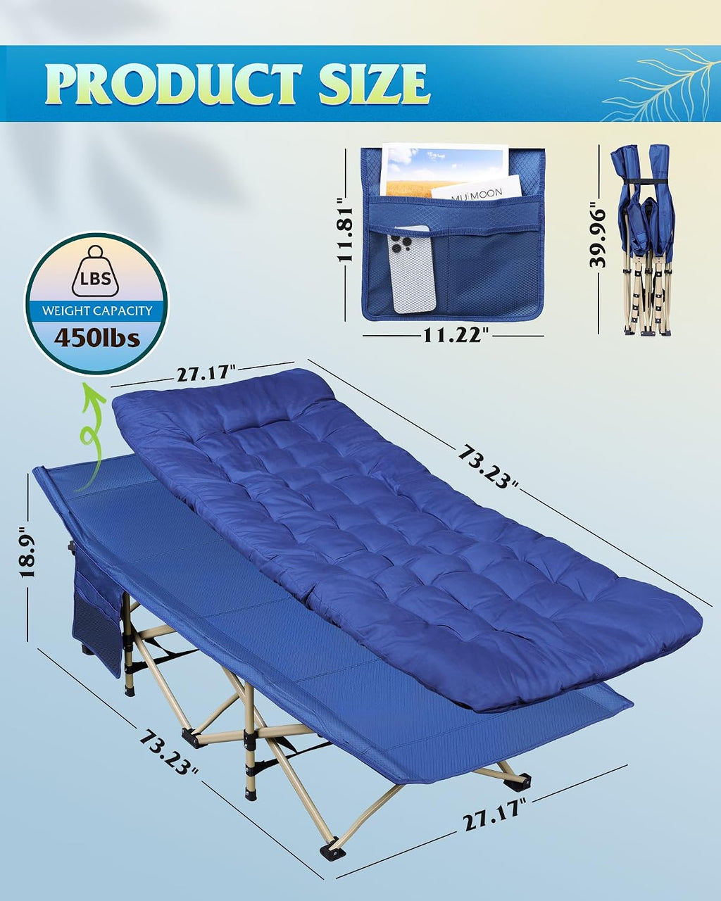 WLIVE 1200D Oxford Camping Cots with Washable Mattress for Adults