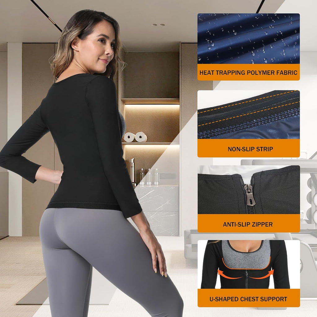 Sauna Suit for Women Heat Trapping Long Sleeve Sweat Suit Weight Loss Waist Trainer Workout Body Shaper with Zipper