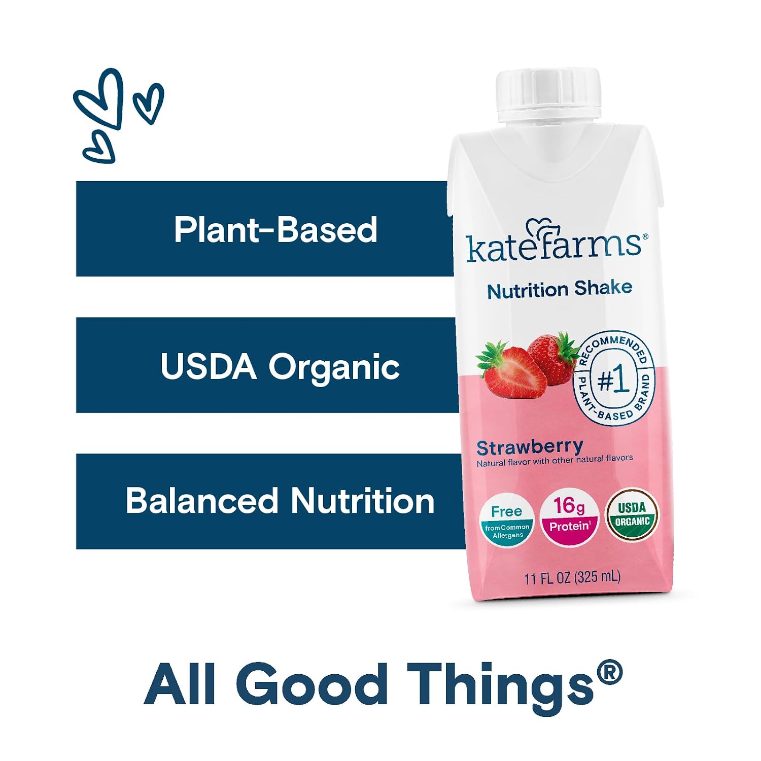 KATE FARMS Organic Nutrition Shake, Strawberry, 16g Protein, 12 Pack