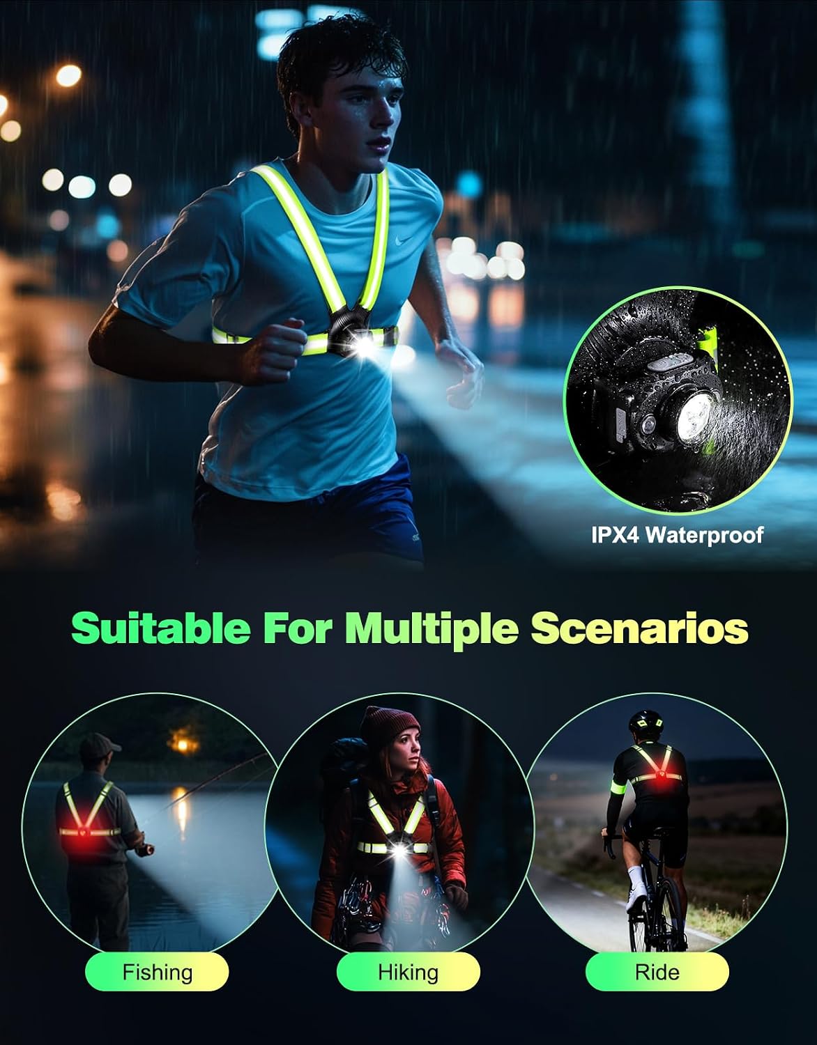 ISEYOU Running Lights for Runners, 500 Lumens Running Light with Rear Light, 45° Adjustable Tilt & IPX4 Waterproof Rechargeable Reflective Vest Gear for Night Walking/Cycling/Jogging/Hiking