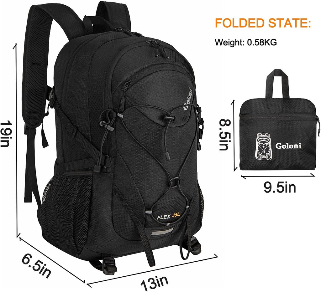 Goloni 45L Hiking Backpack Lightweight Foldable, Waterproof Camping Backpack with Rain Cover & Hiking Pole Mat Carrying System, Ergonomic Water Resistant Daypack for Trekking Travel Men Women,Black