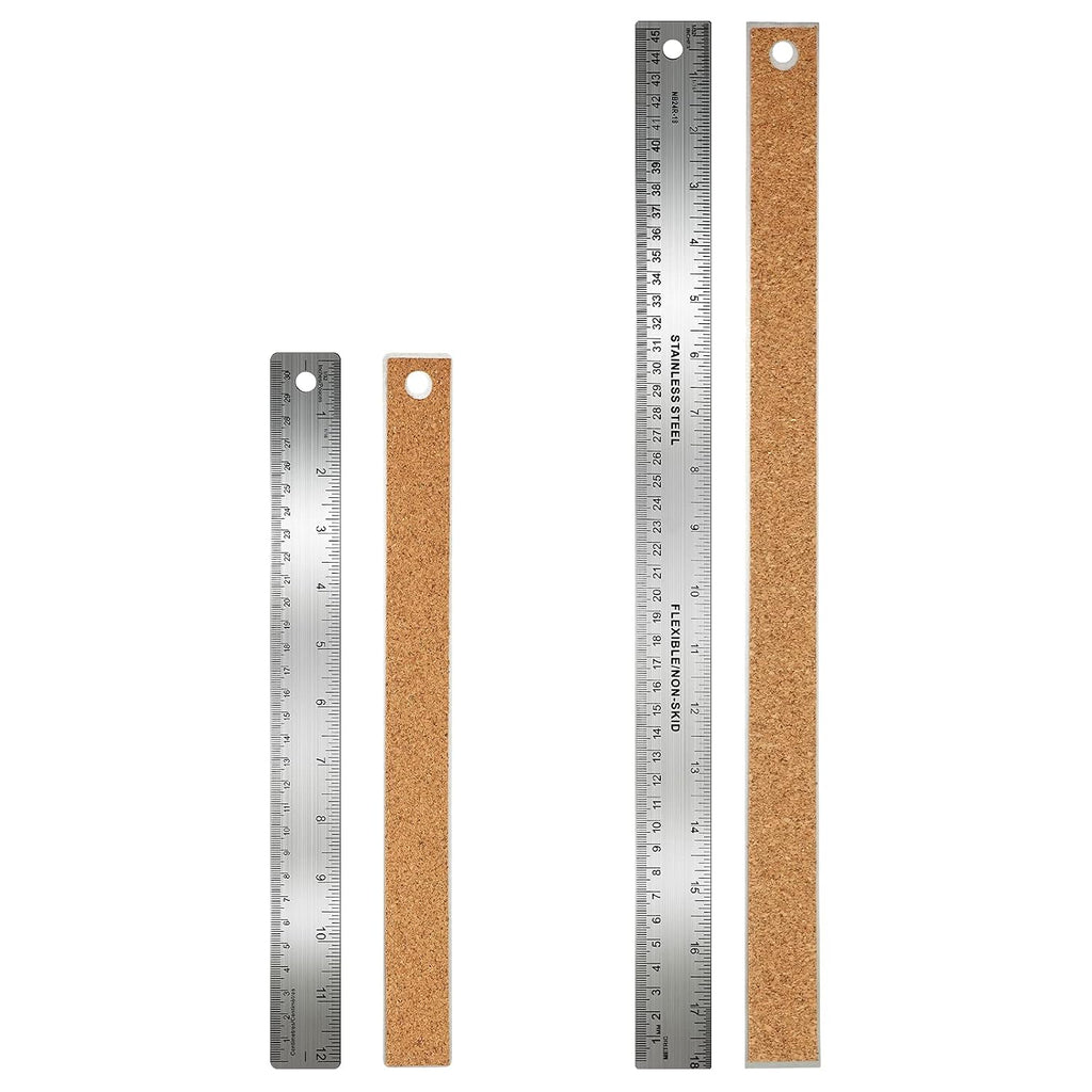 Frienda 2 Pcs Metal Ruler Cork Backed 12+18 Inch Non-Slip Straight Edge