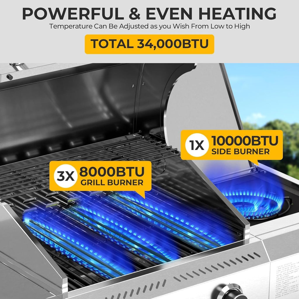 Electactic 3-Burner Propane Gas Grill with Side Burner – 34,000 BTU Stainless Steel Outdoor BBQ Grill, Cast Iron Grates, Portable with Wheels for Patio, Camping