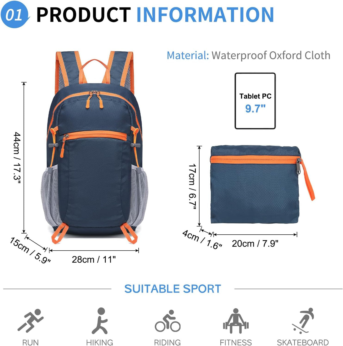 20L Small Hiking Backpack for Women Men Packable Daypack Dark Blue