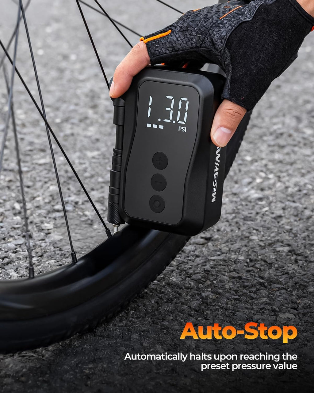 MEGAWHEELS Mini Bike Pump with Gauge, 120/150PSI Bike Tire Inflator with Presta & Schrader Valve, Portable Electric Air Pump Auto Stop, Fast Inflation for E-Bike, Mountain Bike, Scooter, Balls
