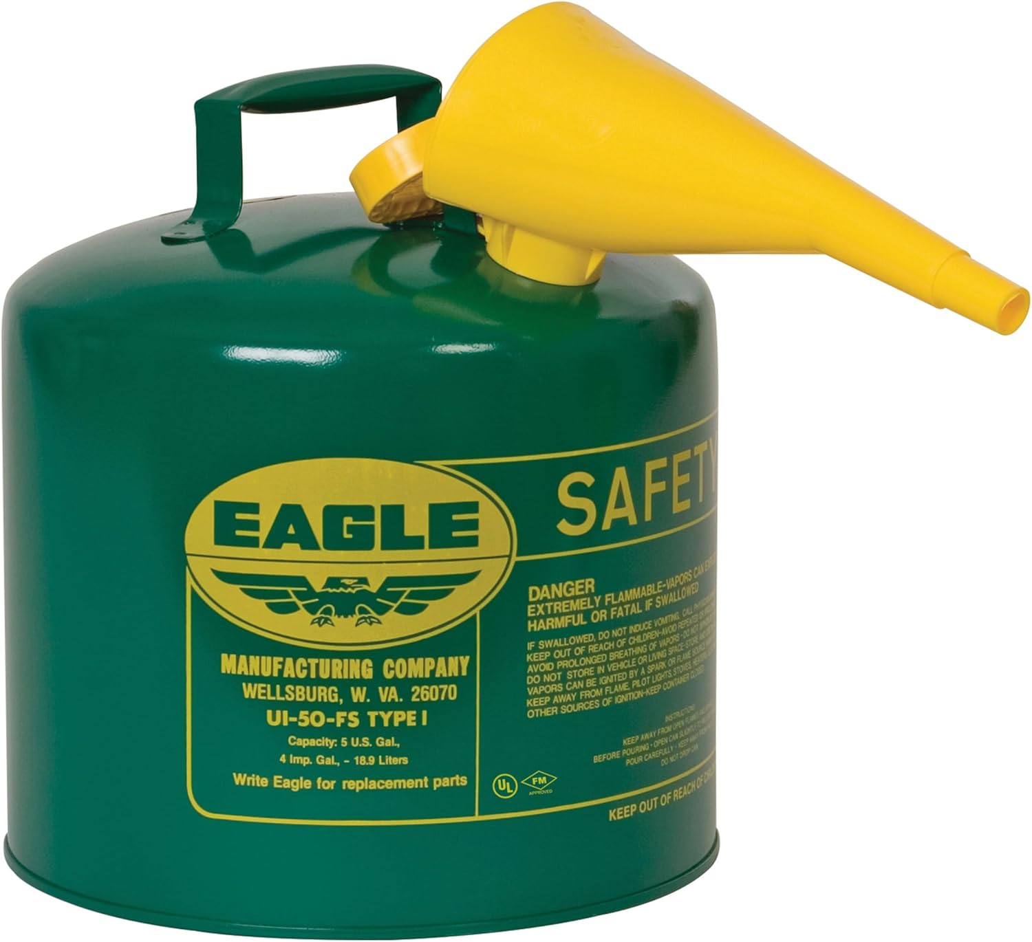 Eagle 5 Gallon Type I Green Safety Gas Can for Oil and Other Combustibles