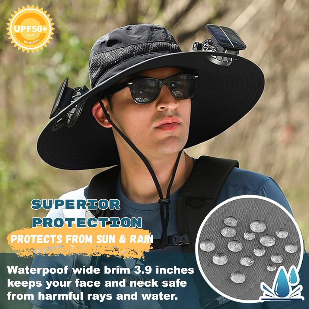Outdoor Wide Brim Sun Hat with 2 Solar Fan Sun Bucket Hat for Men Women UPF 50+ Bucket Fishing & Beach Hat with Fan Built in