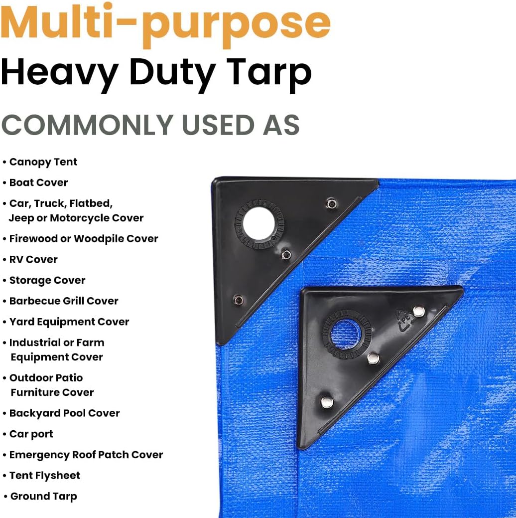 WHITEDUCK Super Heavy Duty Poly Tarp Cover 16 Mil with Grommets and Reinforced Edges (Blue - 16 Mil, 12' x 20')