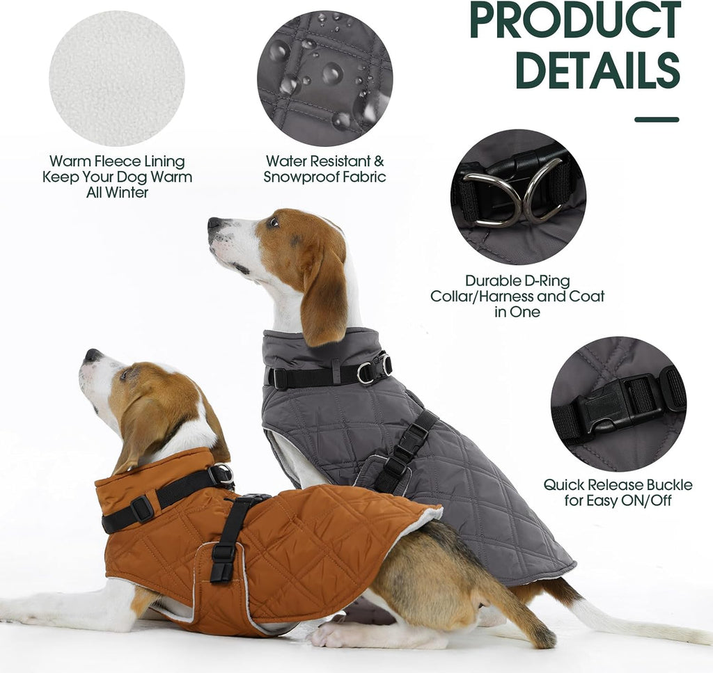 Kuoser Dog Coat Warm Fleece Lining Turtleneck Dog Jacket with Harness Built-in, Adjustable Windproof Cold Weather Coats with Quick Release Buckle Pet Winter Snowsuit for Medium Large Dogs, Grey L