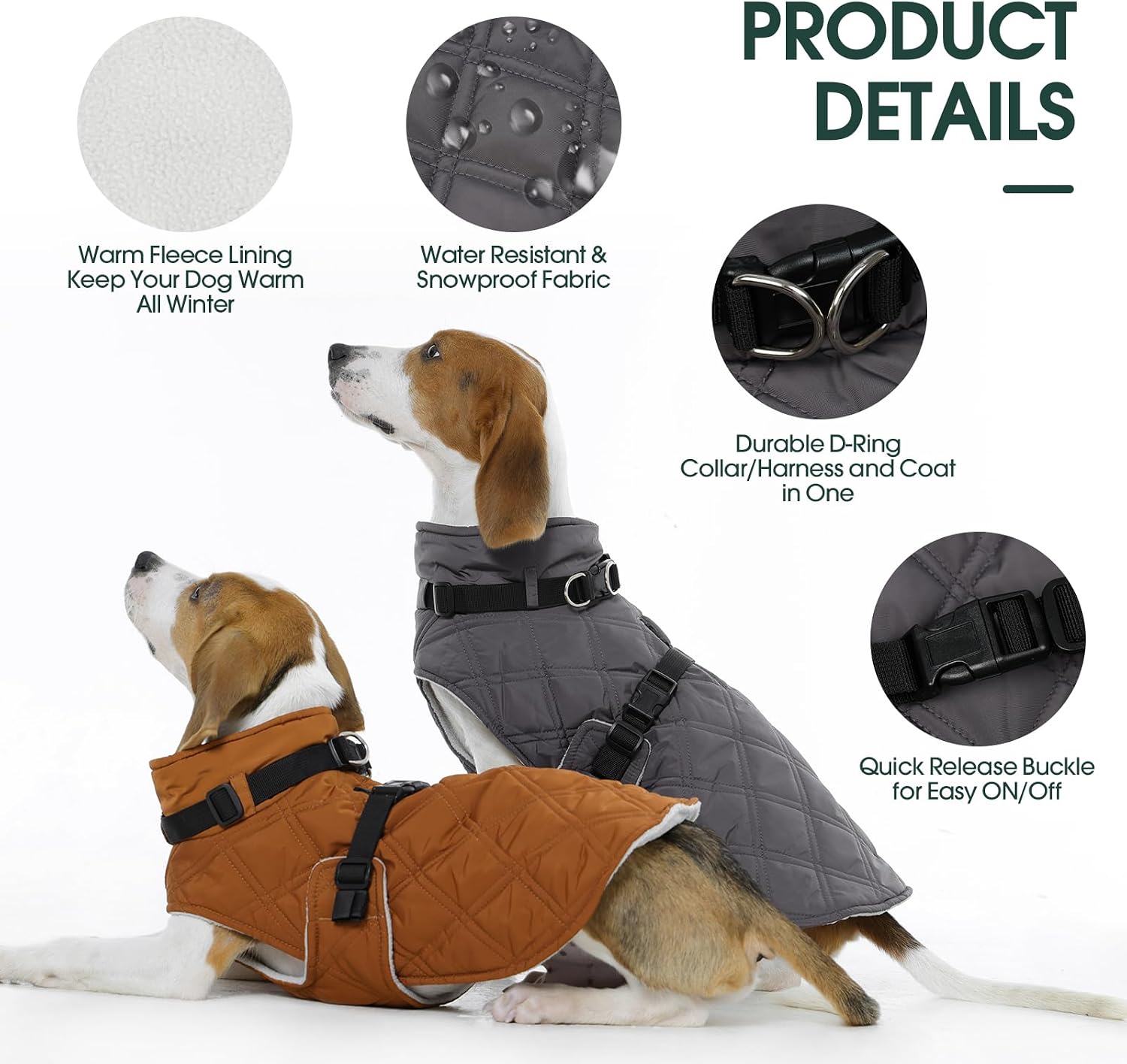 Kuoser Dog Coat Warm Fleece Lining Turtleneck Dog Jacket with Harness Built-in, Adjustable Windproof Cold Weather Coats with Quick Release Buckle Pet Winter Snowsuit for Medium Large Dogs, Grey L