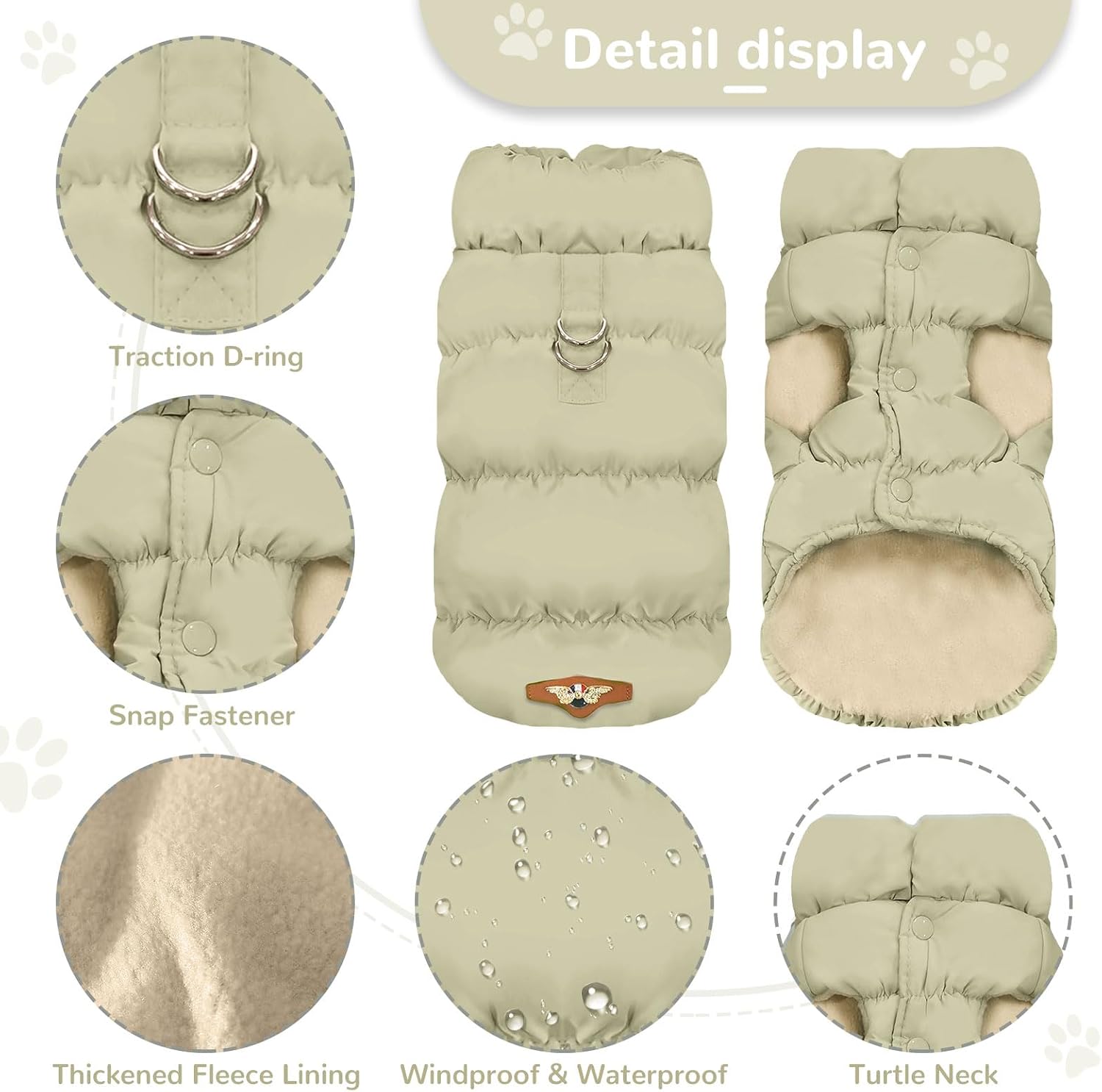 ABRRLO Winter Warm Dog Jacket for Small Medium Dogs Cat Cold Weather Coats with Harness Paded Dogs Fleece Vest Waterproof Windproof Dog Snow Jacket Pet Puppy Clothes (Khaki,XS)