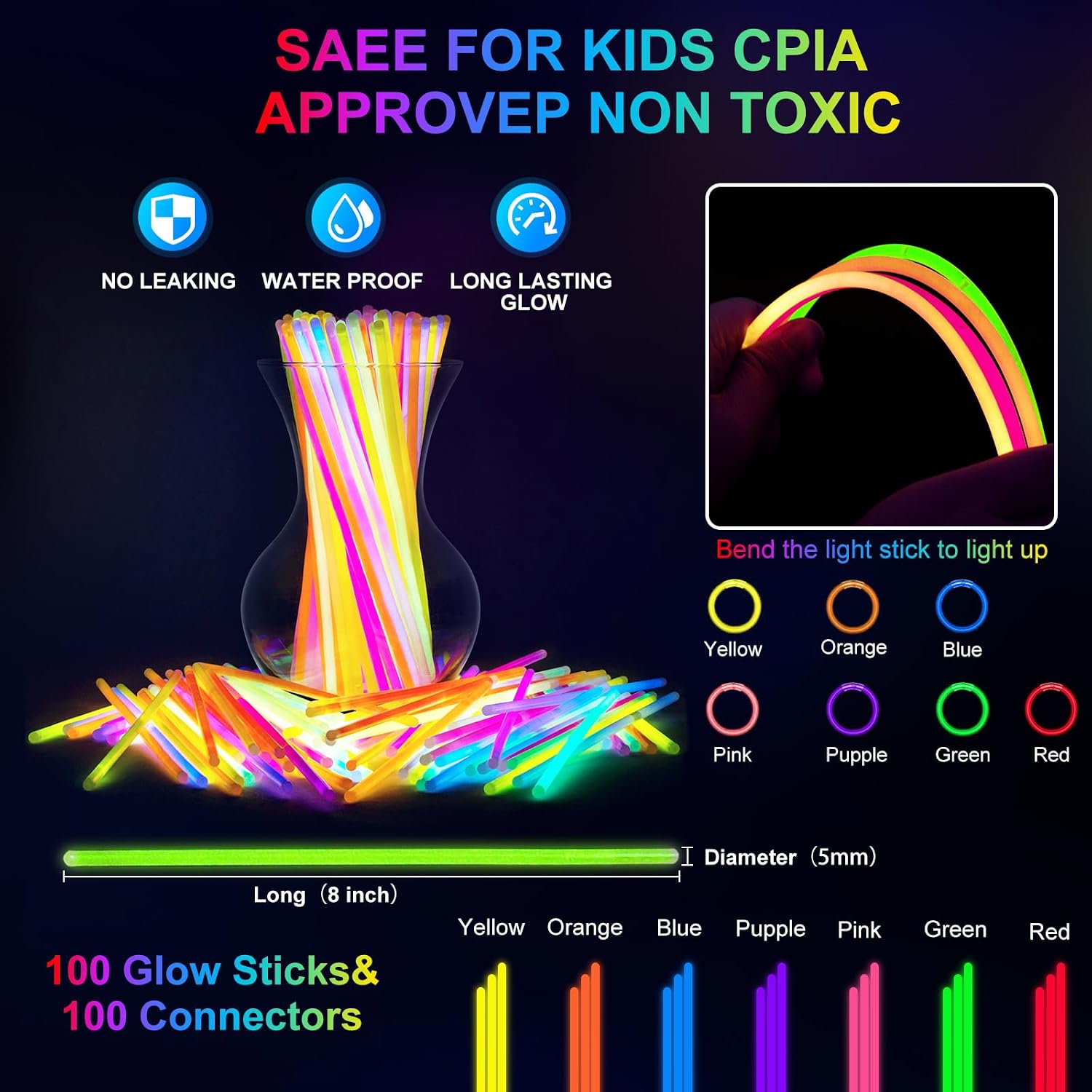 OLUPP 150 PCS Glow in the Dark Party Supplies, 16 Foam Sticks, 16 LED Glasses, 100 Glow Sticks and 18 Finger Lights for Neon Party, 4th of July, Wedding, Birthday, Concert, New Year, Carnivals, Raves